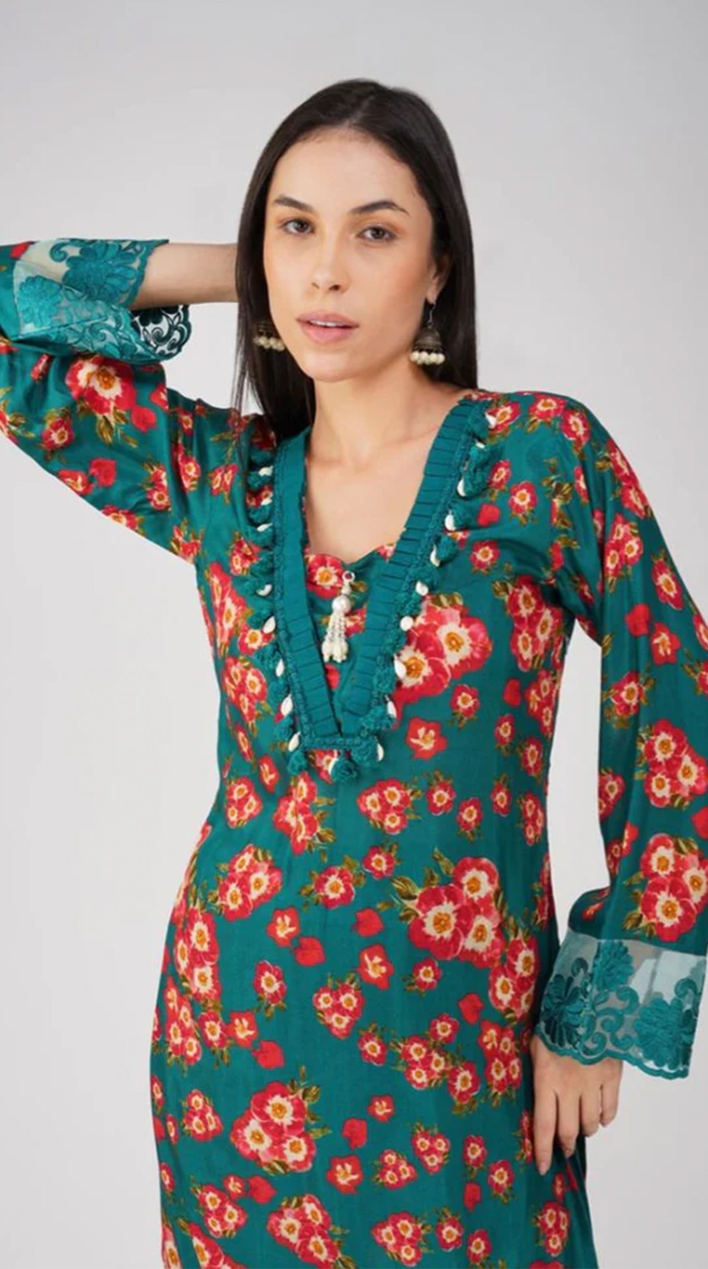 Teal Muslin Printed Suit Set