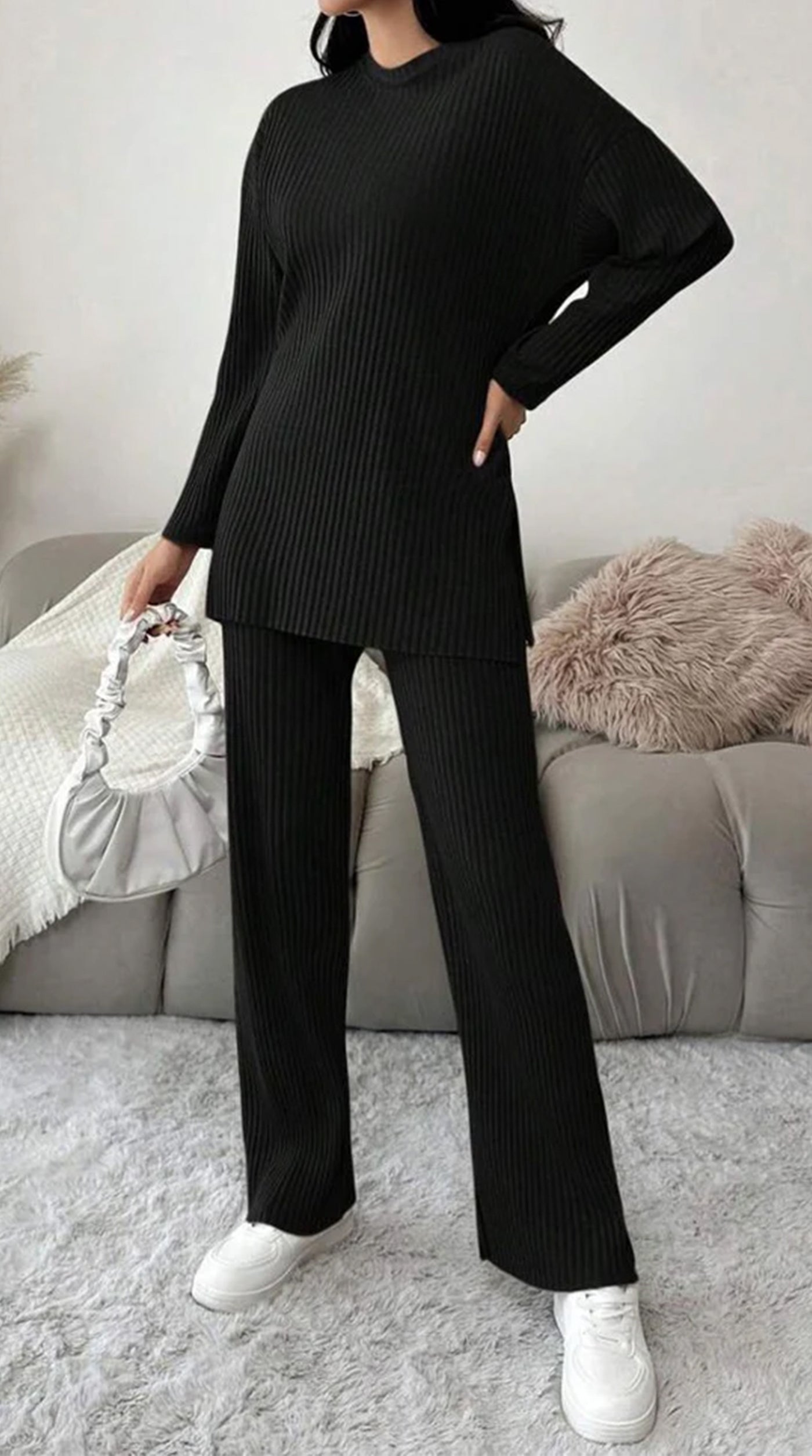 Black Cotton Ribbed Co-Ord Set