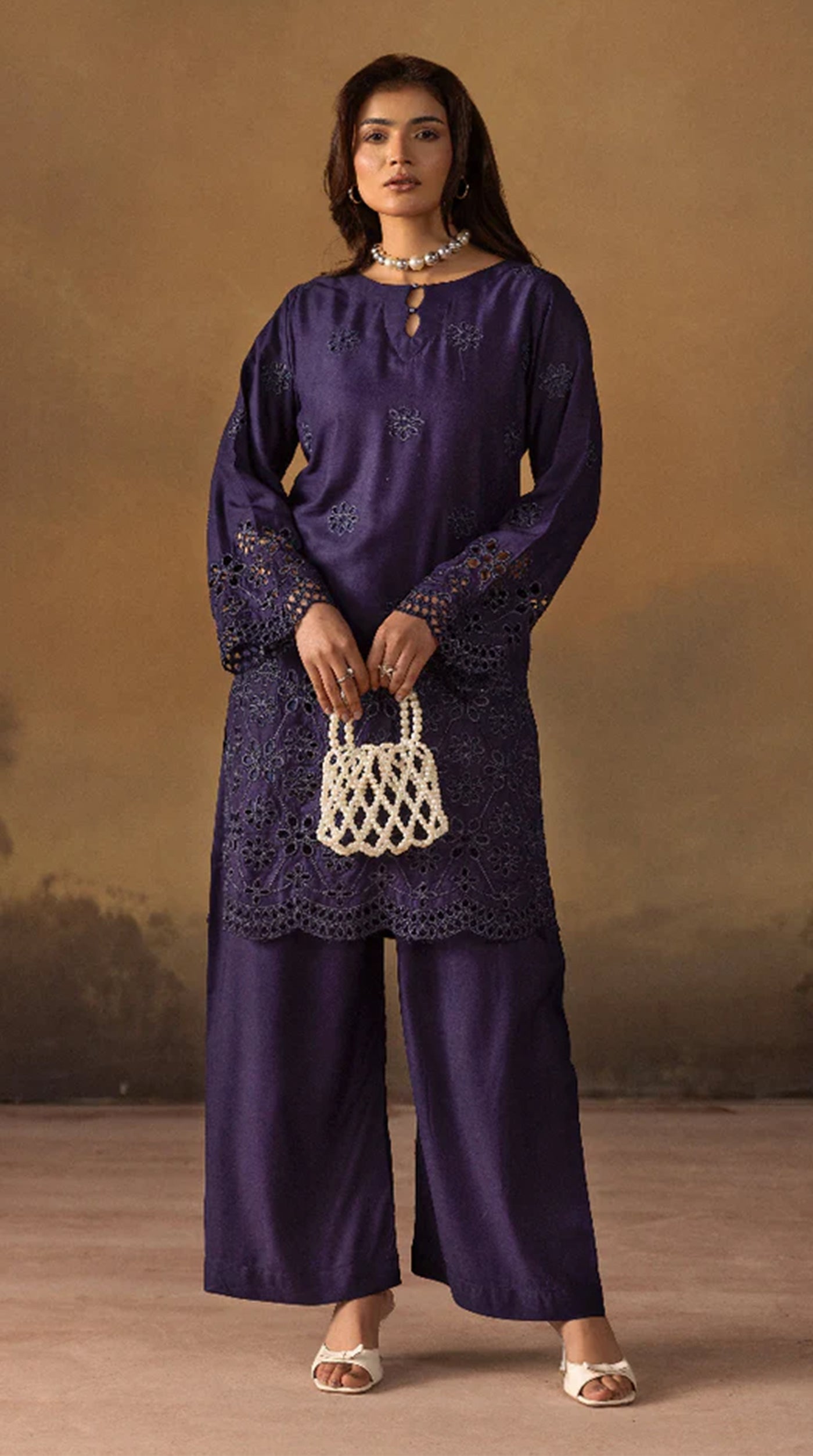 Elegant Navy Blue Linen Chikankari Co-Ord Set for Women