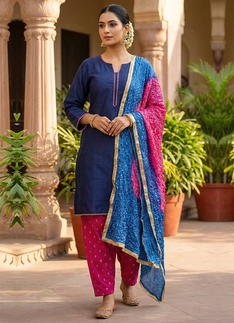 Navy Blue Raw Silk Suit Set