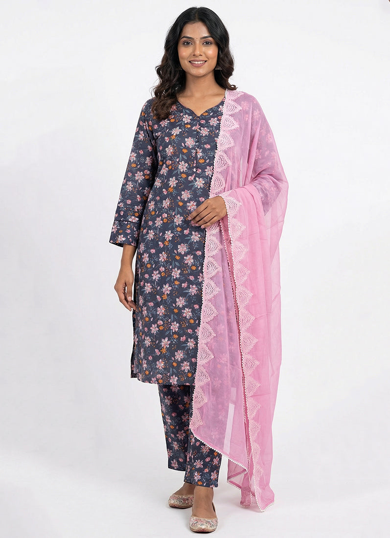 Navy Blue Shift Lawn Print Ladies Suit