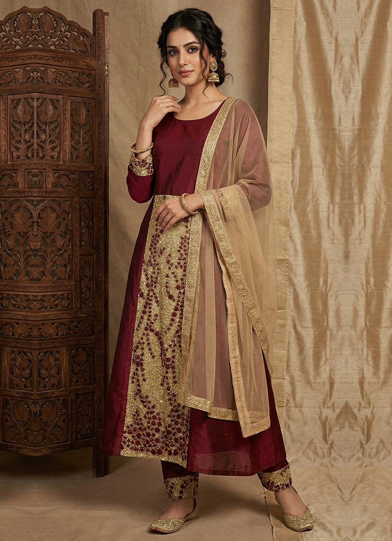 Wine Zari Embroidered Dress