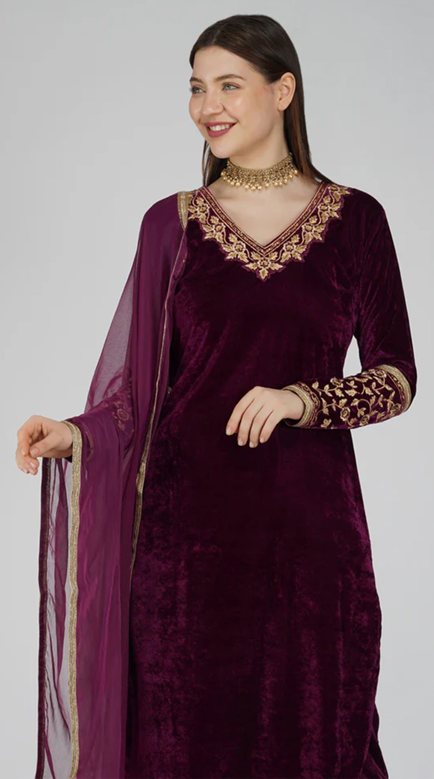 Wine Velvet Straight Cut Trouser Suit Set