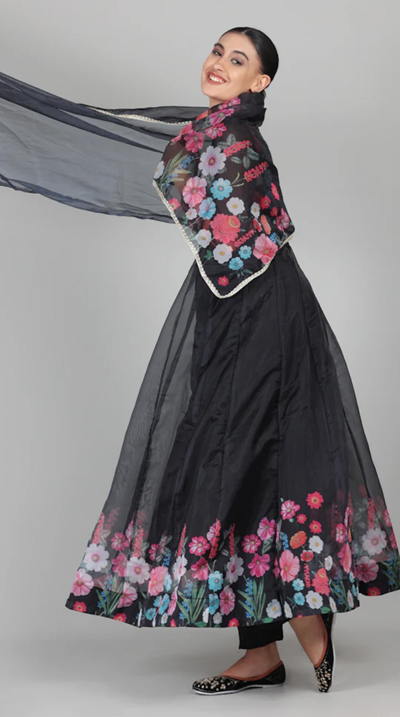 Black Organza Floral Printed Suit Set