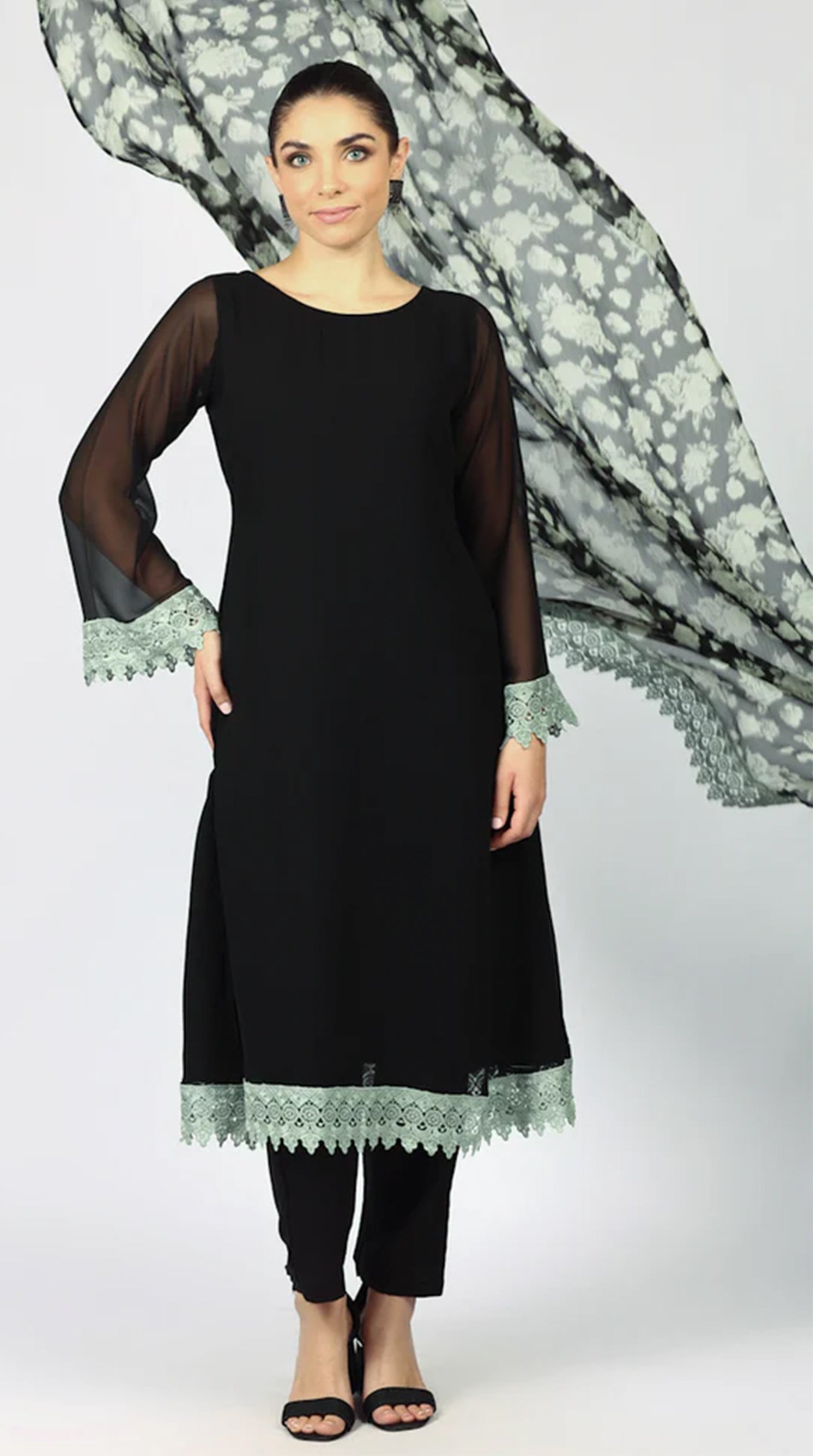 Black Georgette Printed Dupatta Suit Set