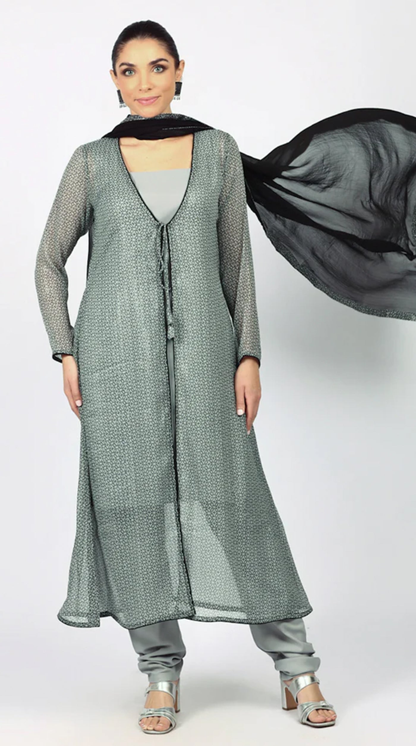 Grey Chiffion Printed Jacket Style Suit Set