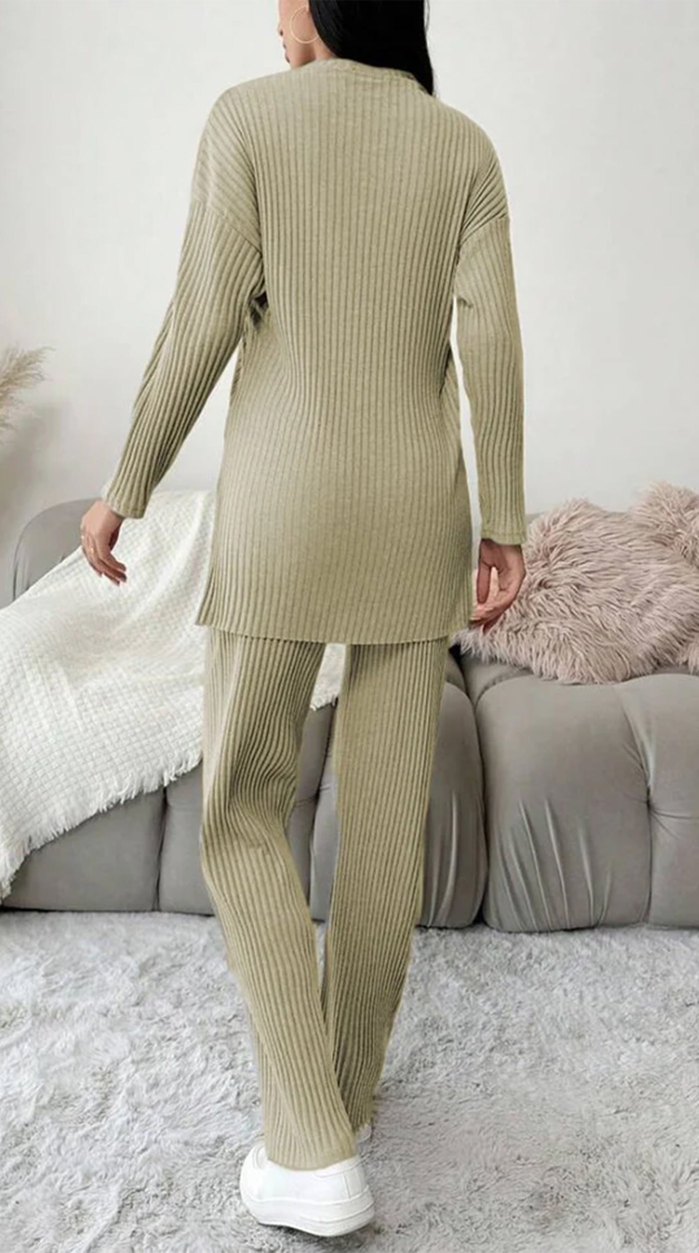 Olive Green Cotton Ribbed Co-Ord Set