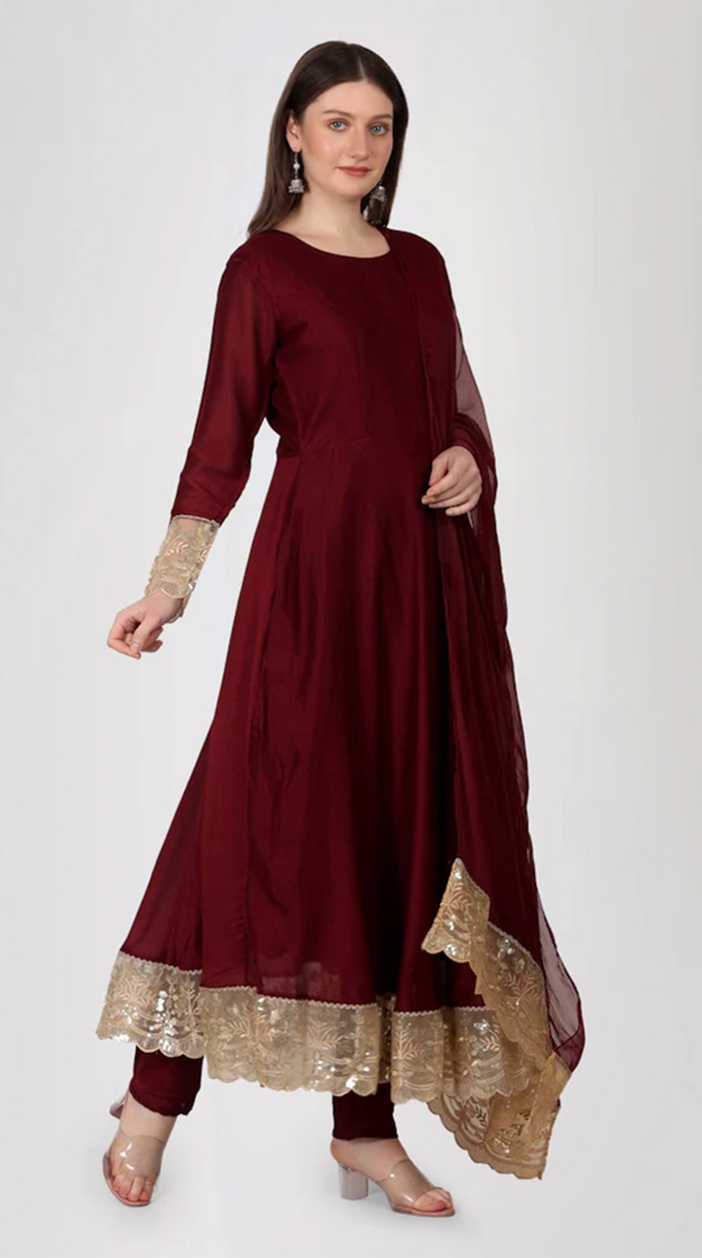 Maroon Georgette Vichitra Bias Cut Suit Set
