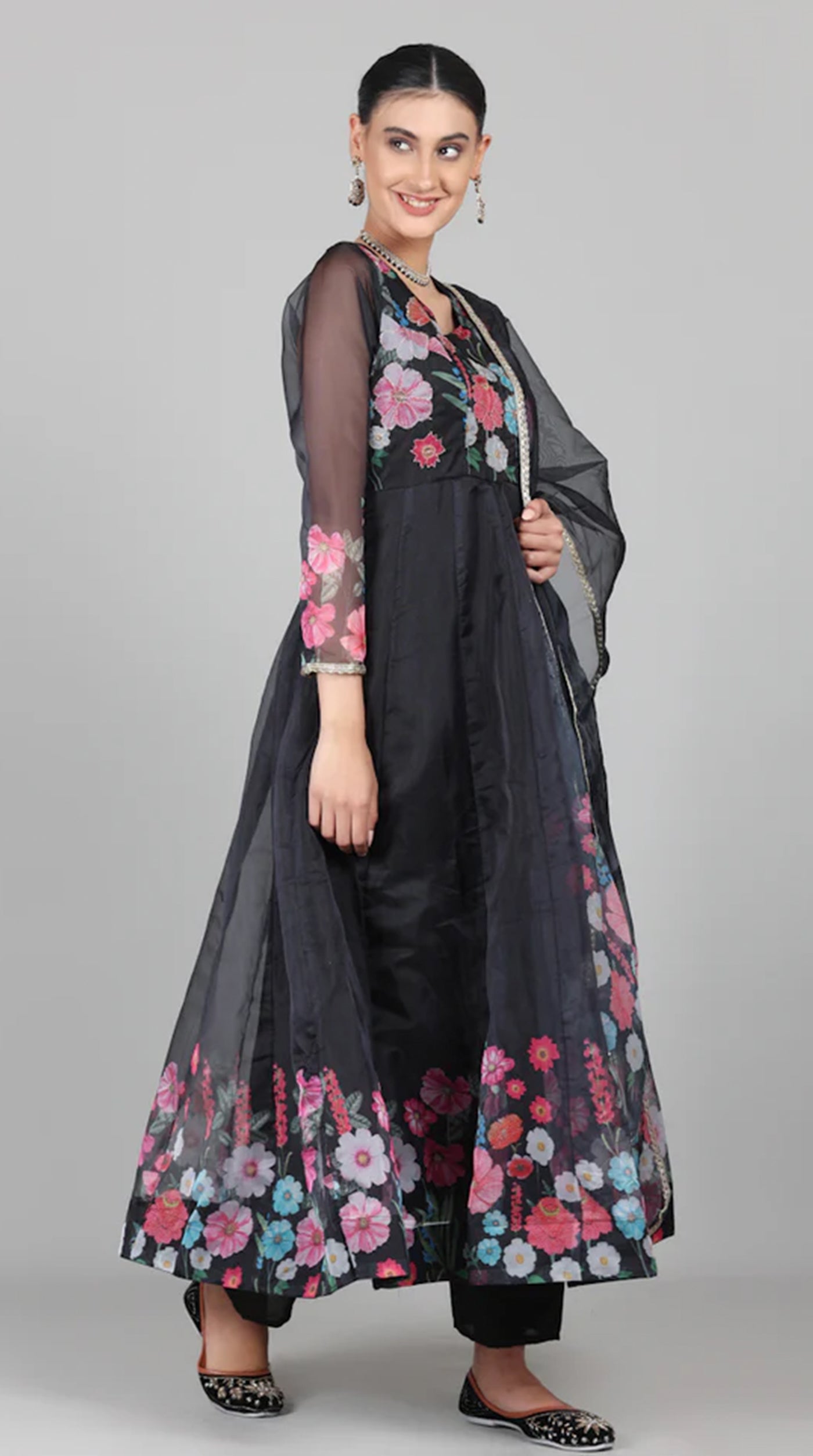 Black Organza Floral Printed Suit Set