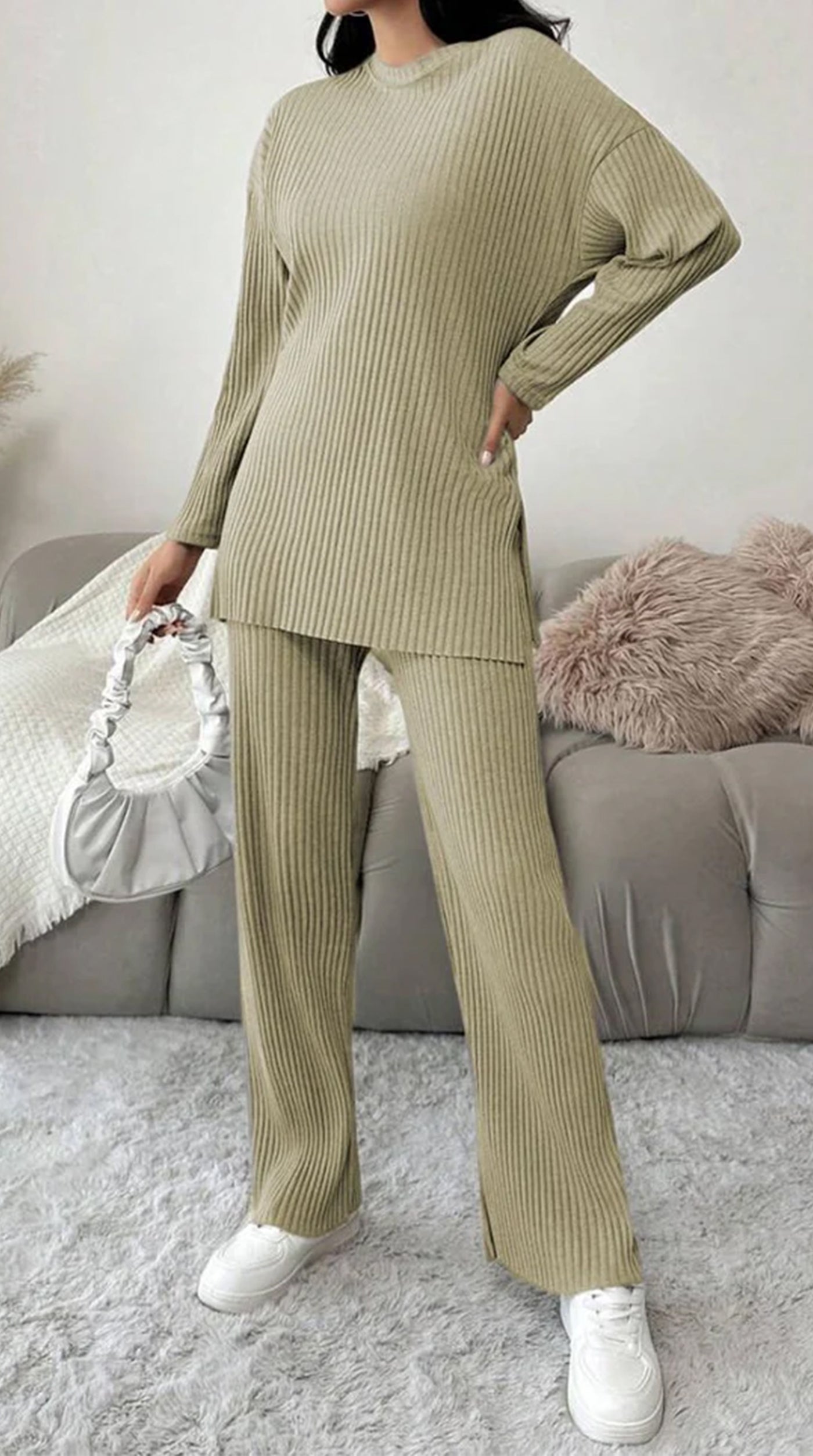 Olive Green Cotton Ribbed Co-Ord Set
