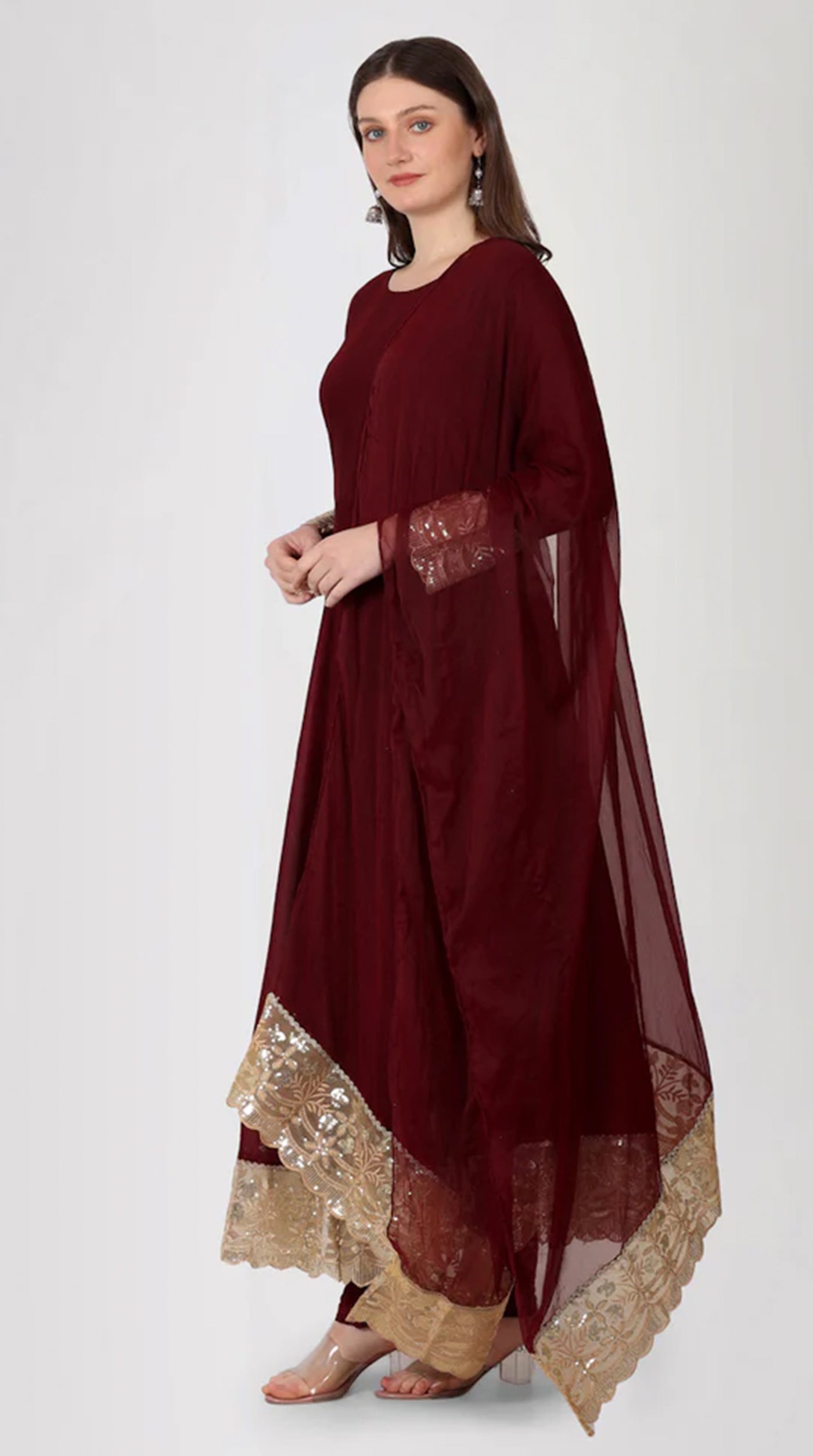 Maroon Georgette Vichitra Bias Cut Suit Set