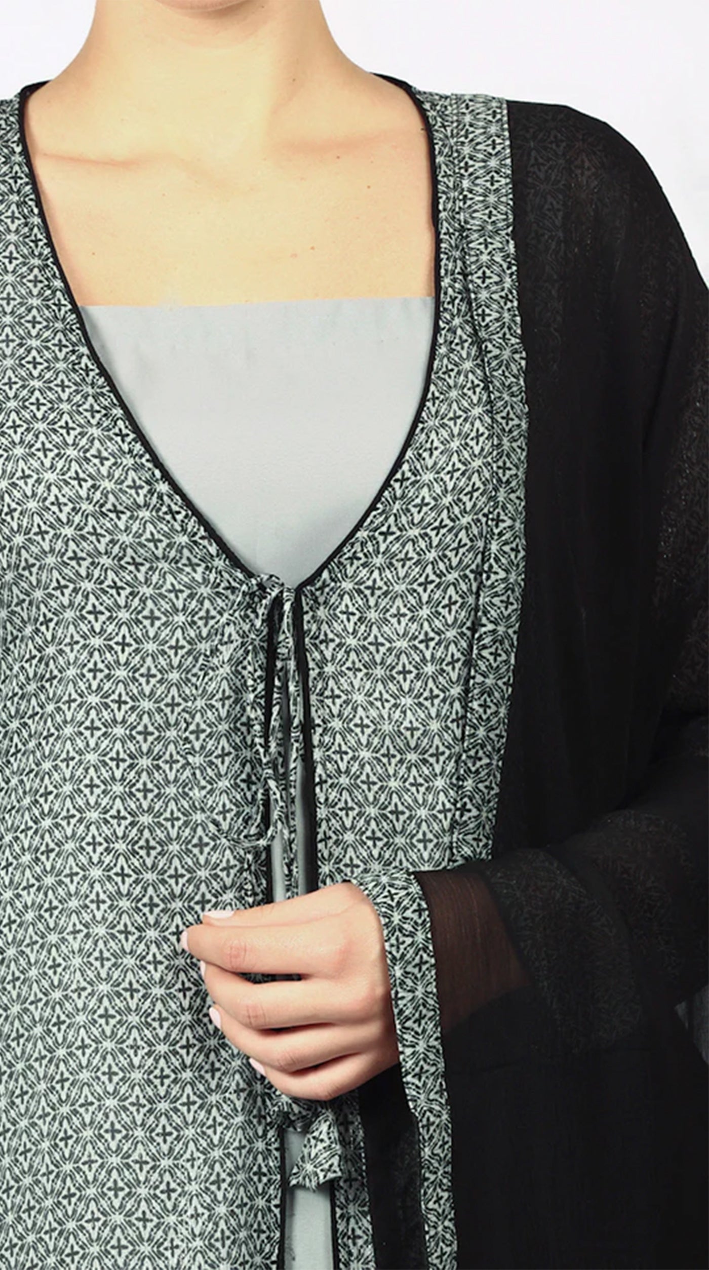Grey Chiffion Printed Jacket Style Suit Set