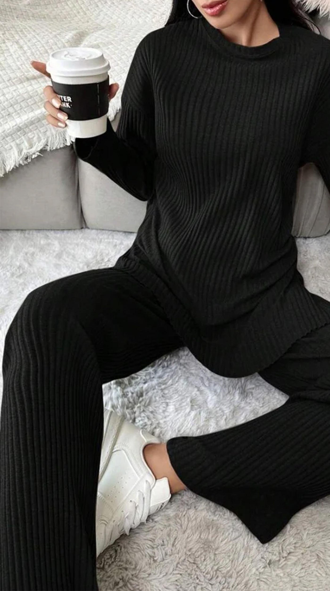 Black Cotton Ribbed Co-Ord Set