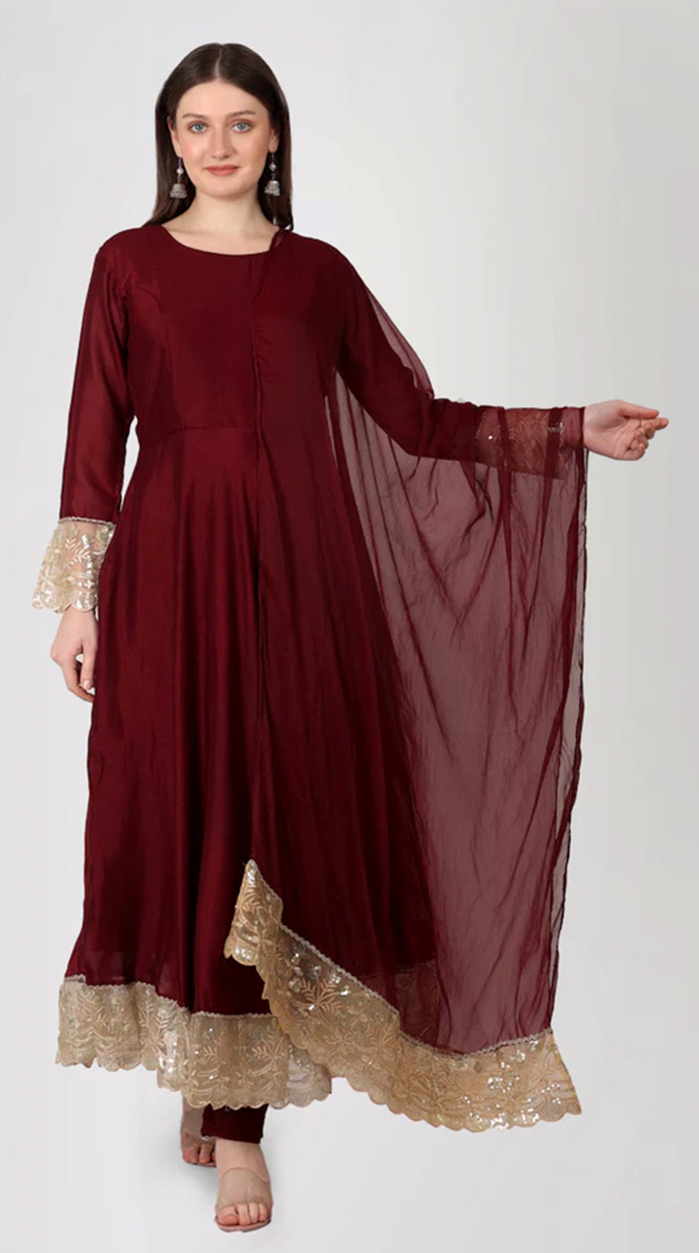 Maroon Georgette Vichitra Bias Cut Suit Set