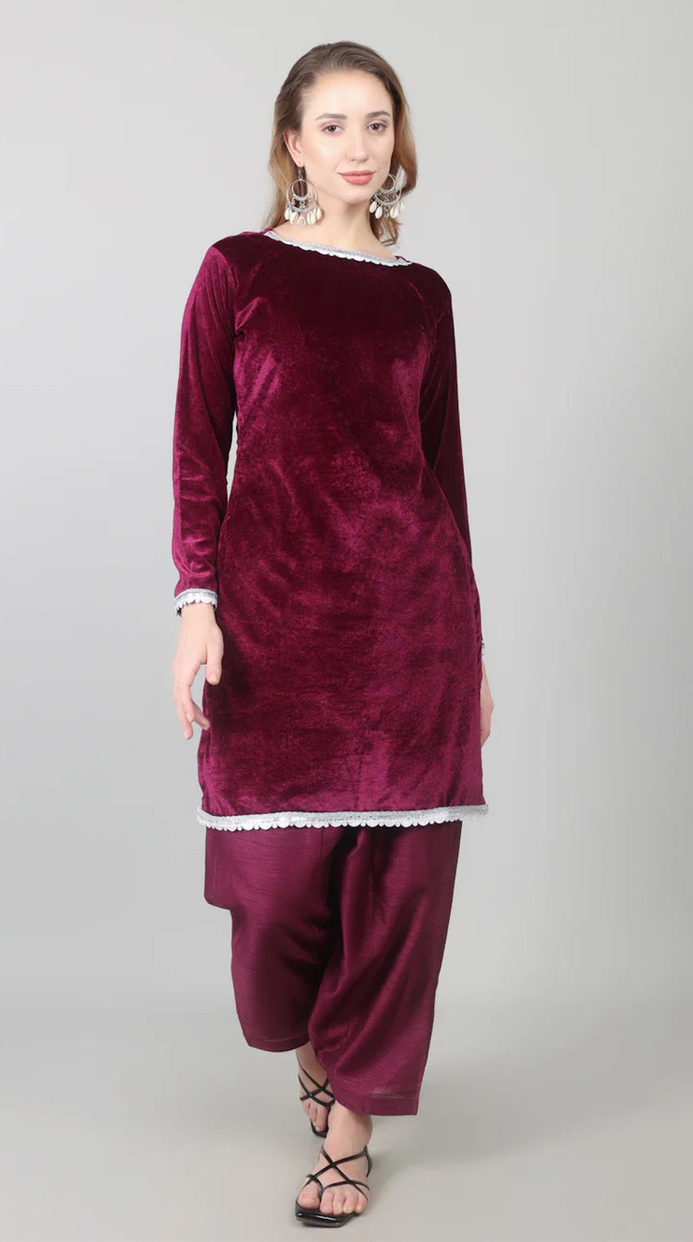 Wine Velvet Printed Dupatta Suit Set