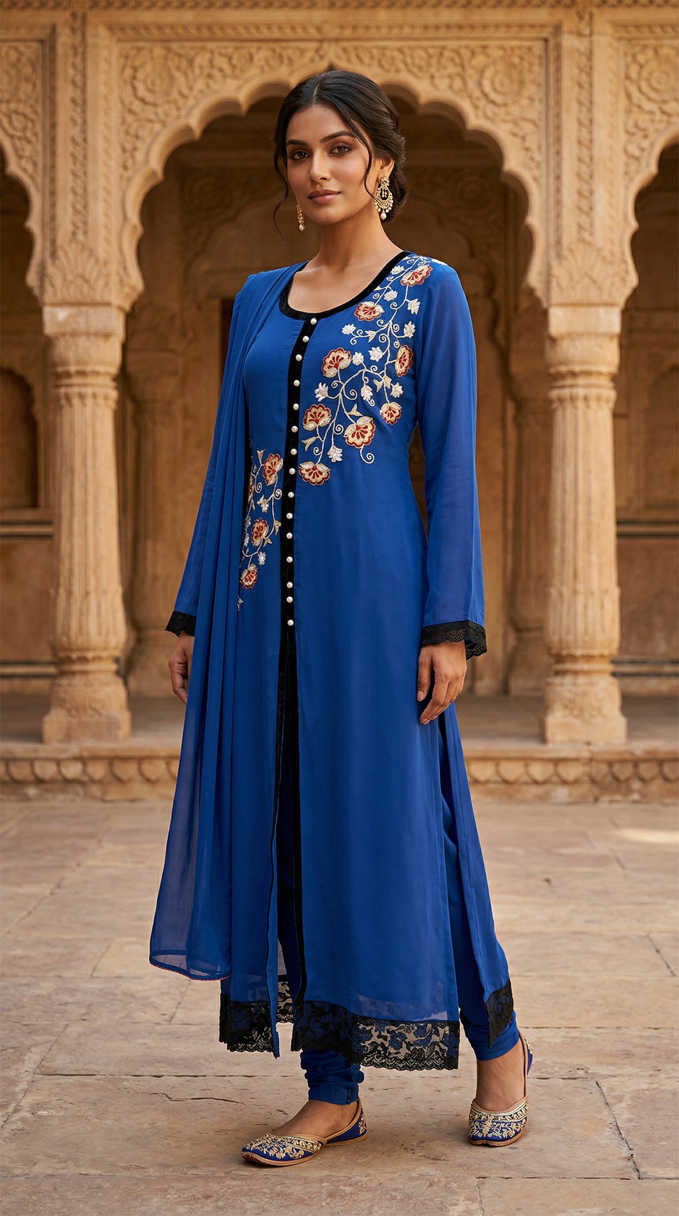 Blue Resham Embroidered Kurta with Velvet Trim & Scarf