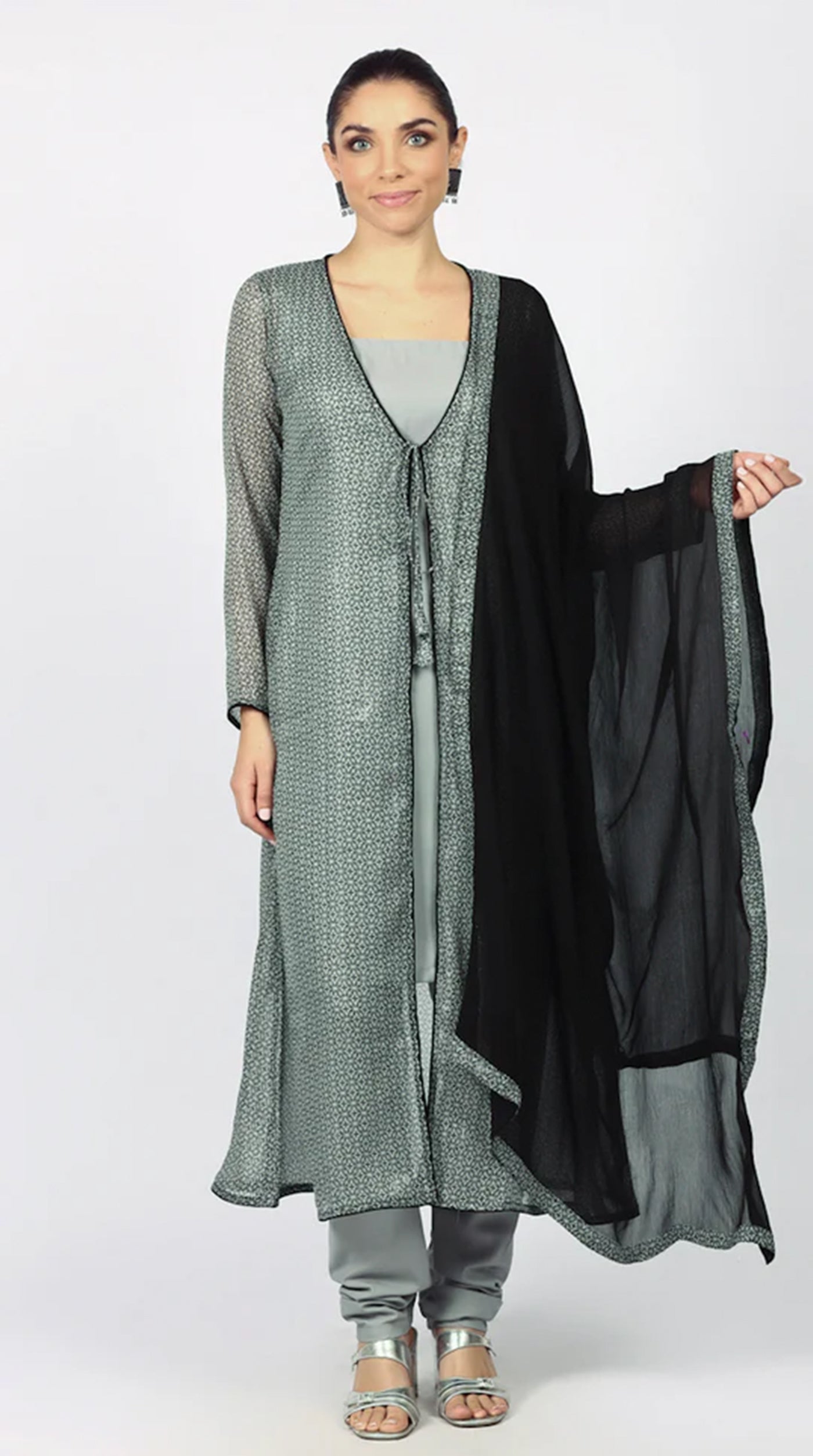 Grey Chiffion Printed Jacket Style Suit Set