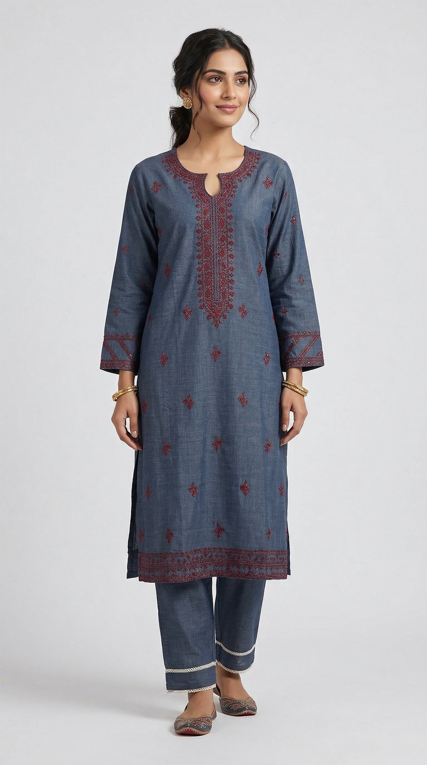 Dark Grey Khaddar Short Kurta Suit with Slim Fit Trousers