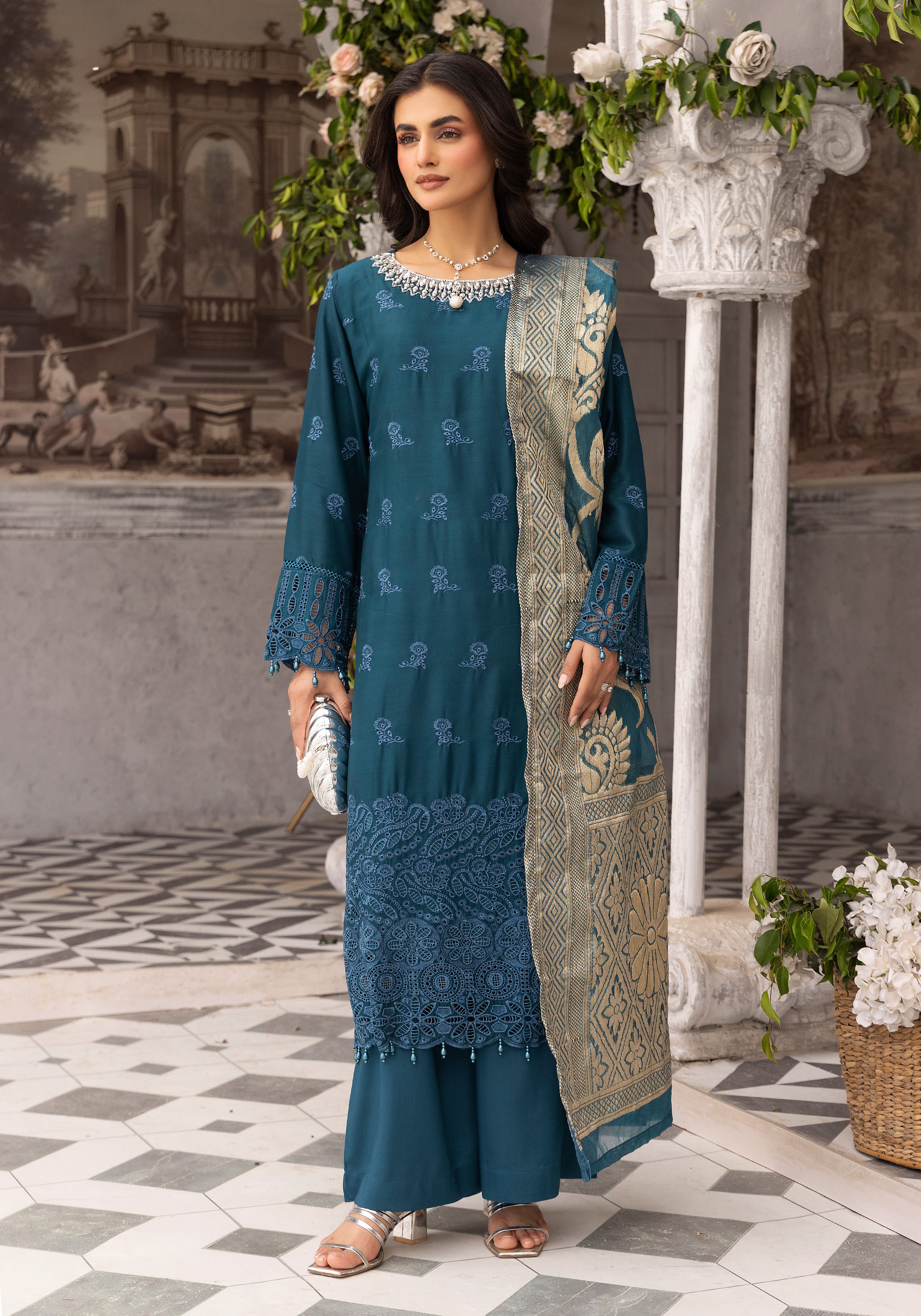 Women’s Teal Chikankari Suit with Jacquard Dupatta
