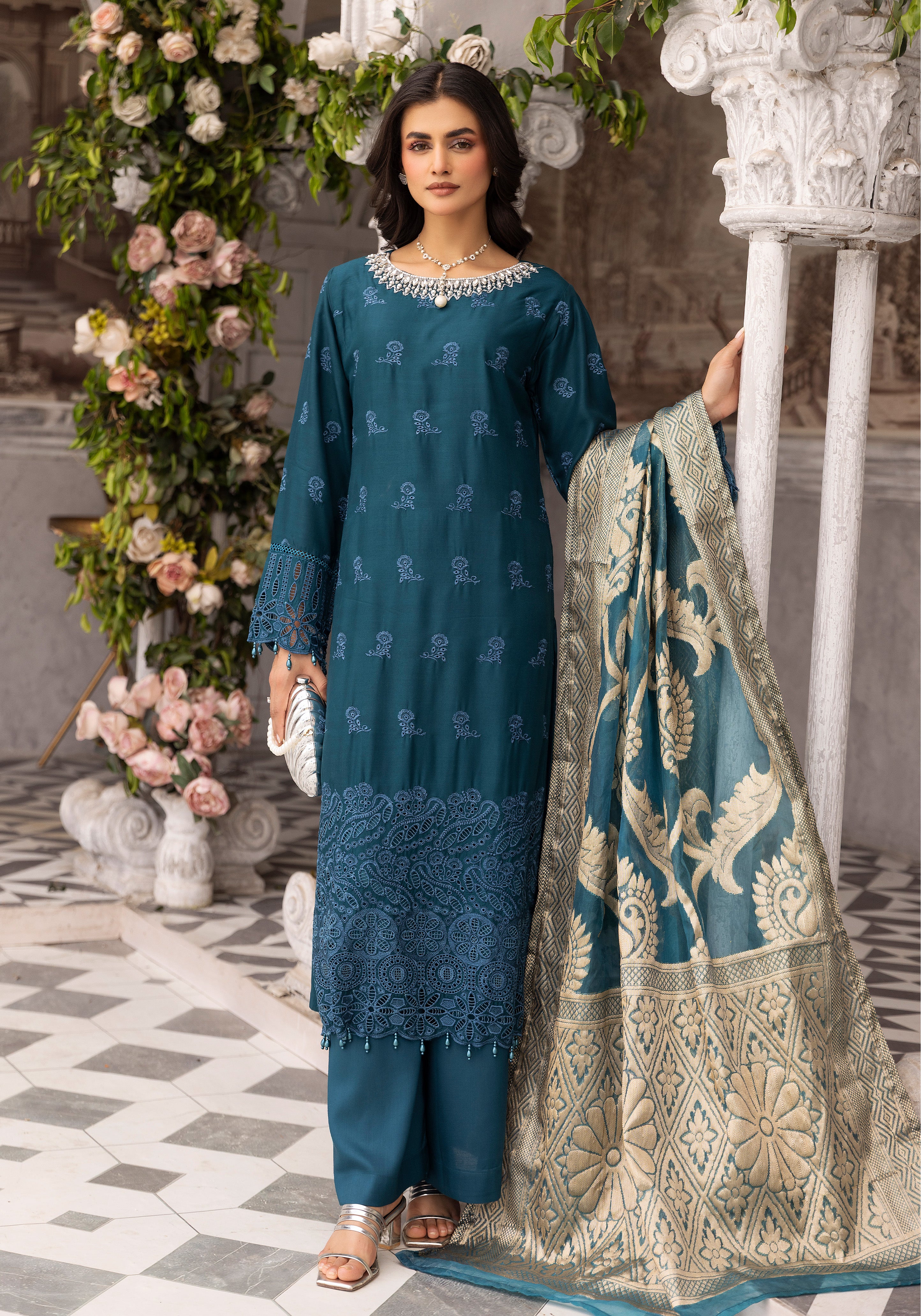 Women’s Teal Chikankari Suit with Jacquard Dupatta