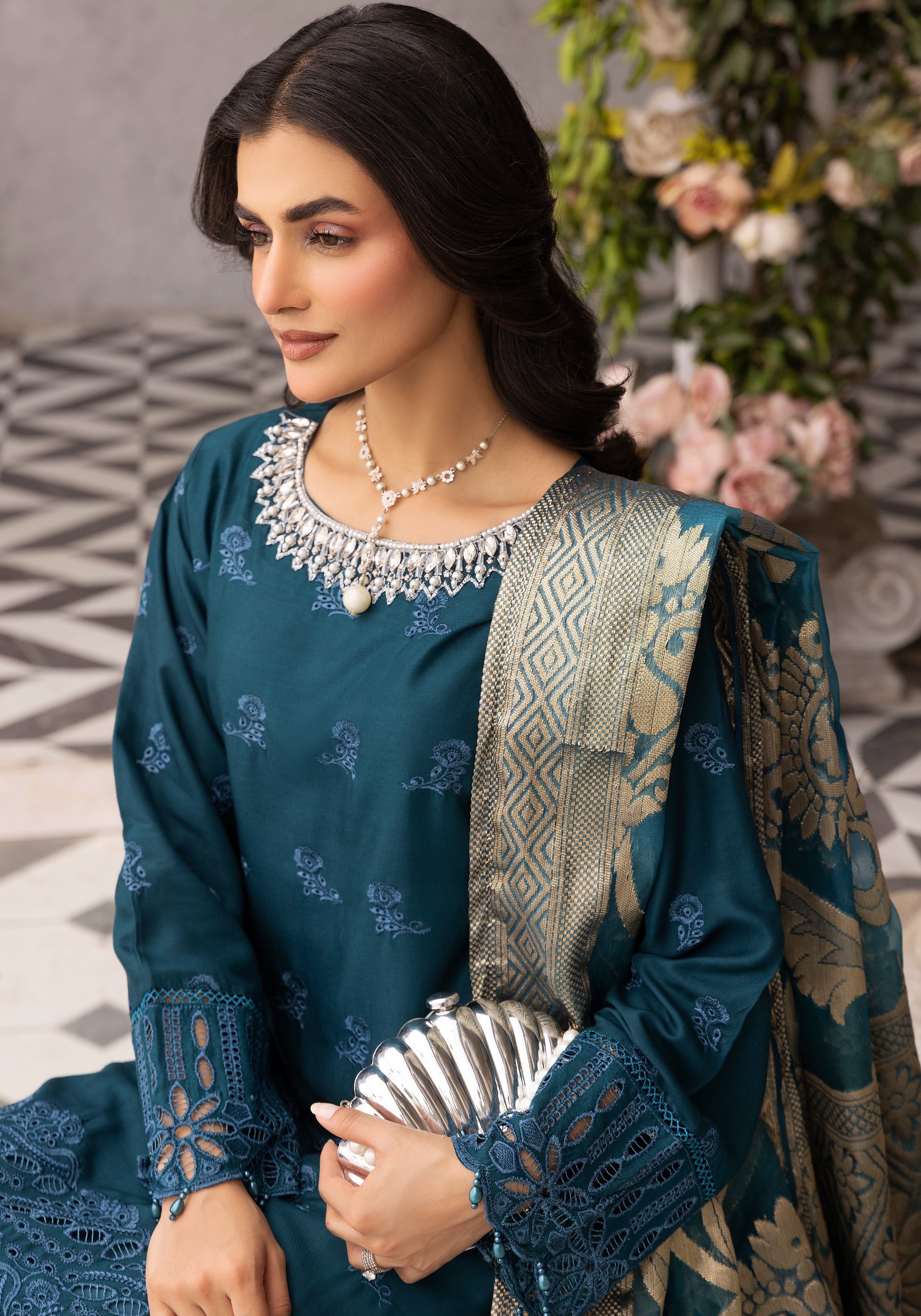 Women’s Teal Chikankari Suit with Jacquard Dupatta