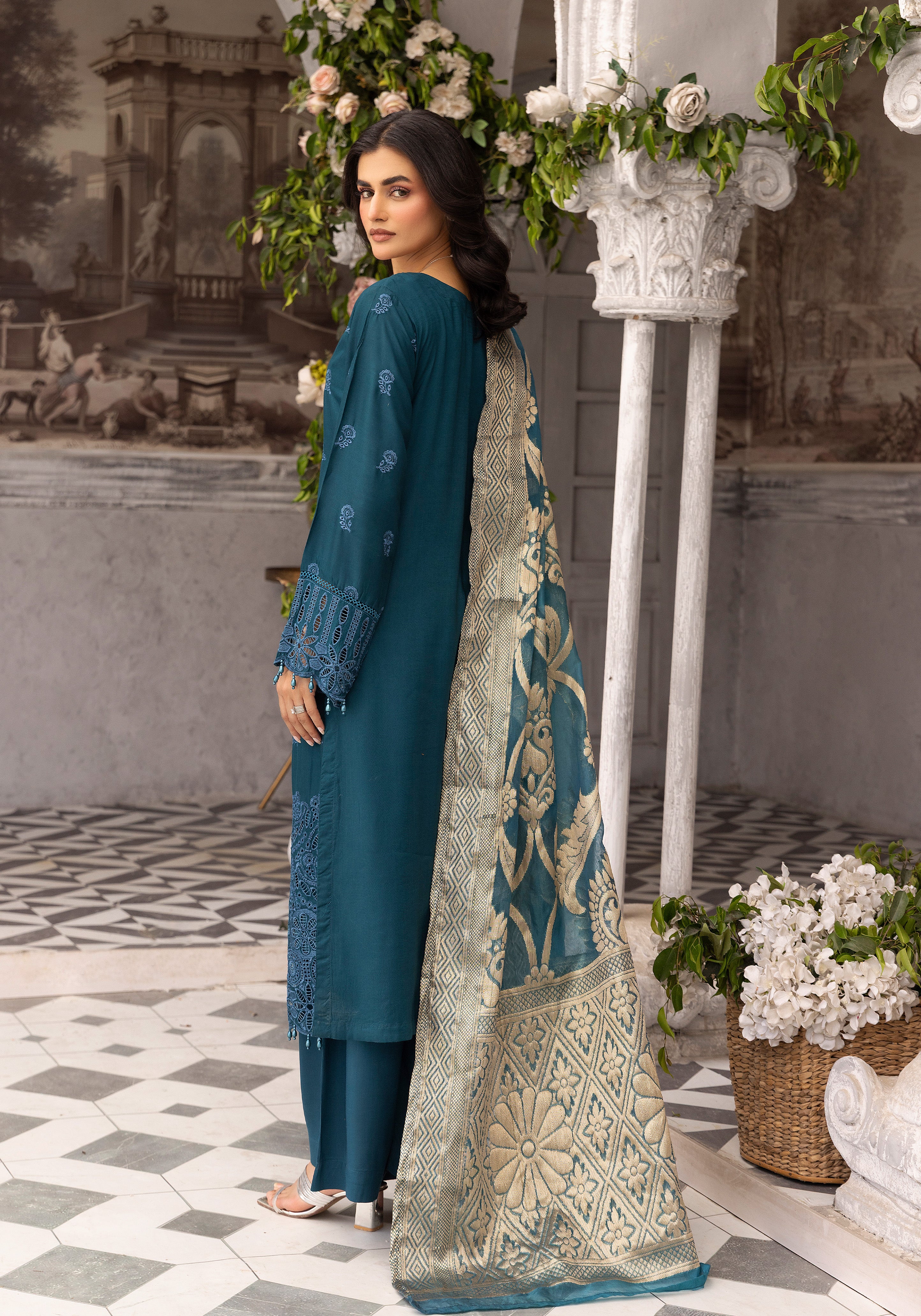 Women’s Teal Chikankari Suit with Jacquard Dupatta