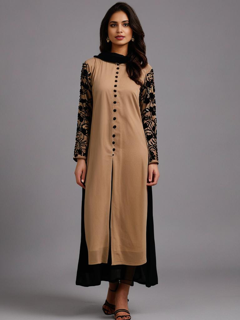 Contrast Embroidered Straight Suit