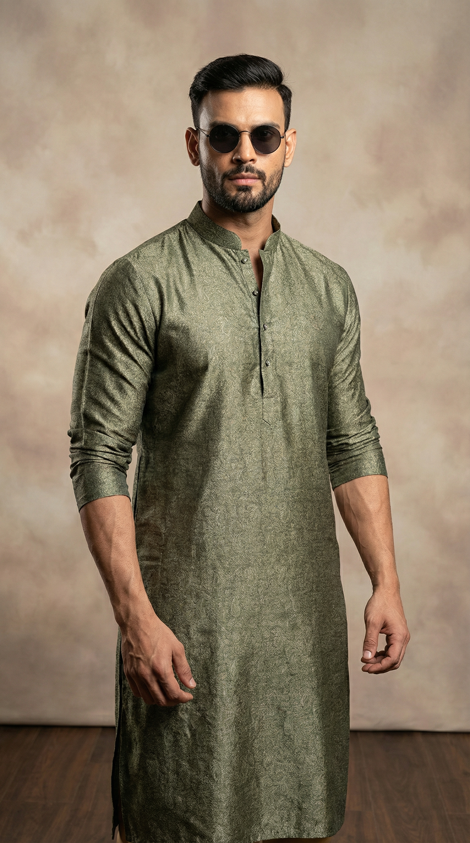 Olive green men’s kurta pajama set in silk fabric with mandarin collar, paired with beige churidar pants and traditional mojari shoes. Premium Indian ethnic wear for men, festive and wedding kurta pajama outfit, modern traditional menswear for celebrations and occasions.