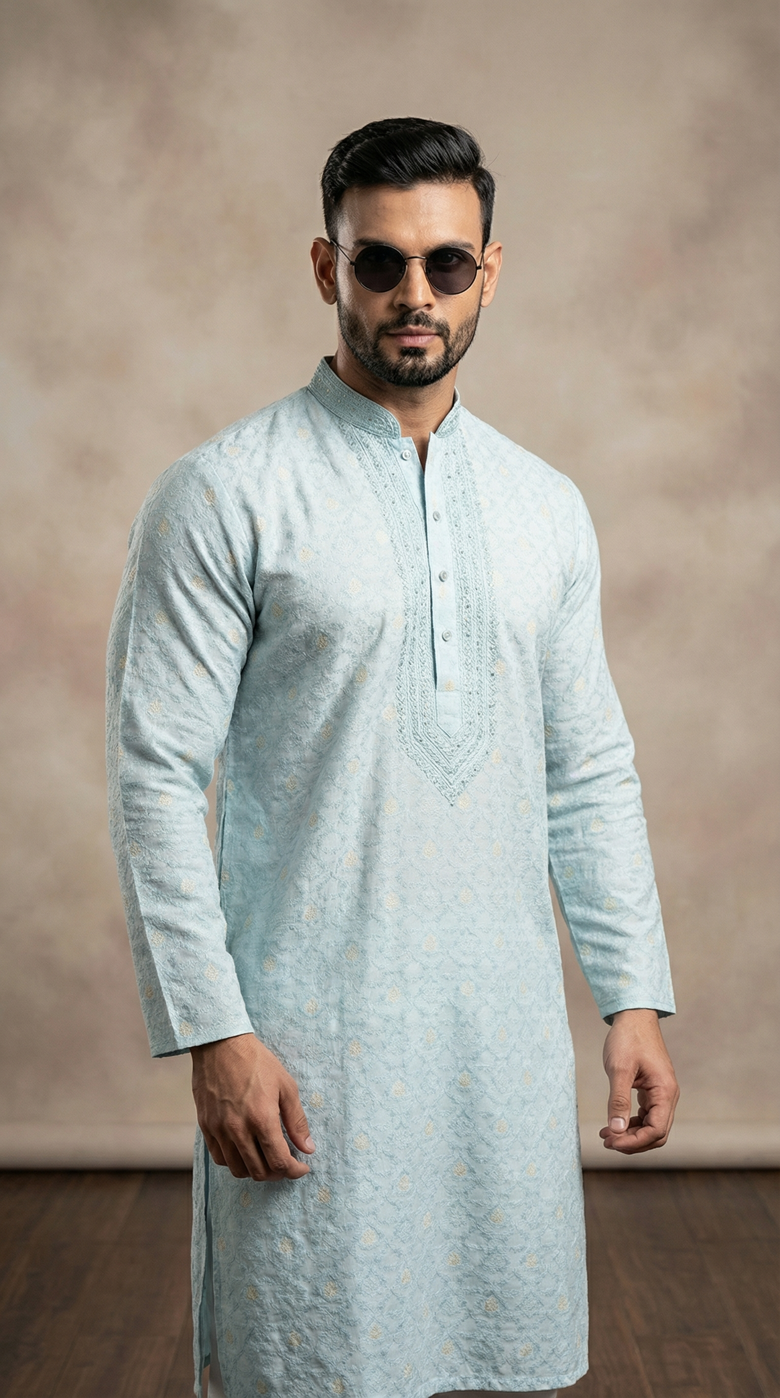 Men’s light blue jacquard embroidered kurta pyjama featuring premium fabric kurta with subtle woven pattern, embroidered neckline, and matching pyjama. Traditional men’s ethnic wear for weddings, Eid, festive occasions, and cultural celebrations.