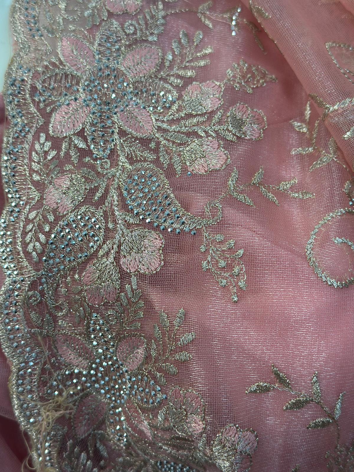 Pink Full Embroidered Net Organza Saree