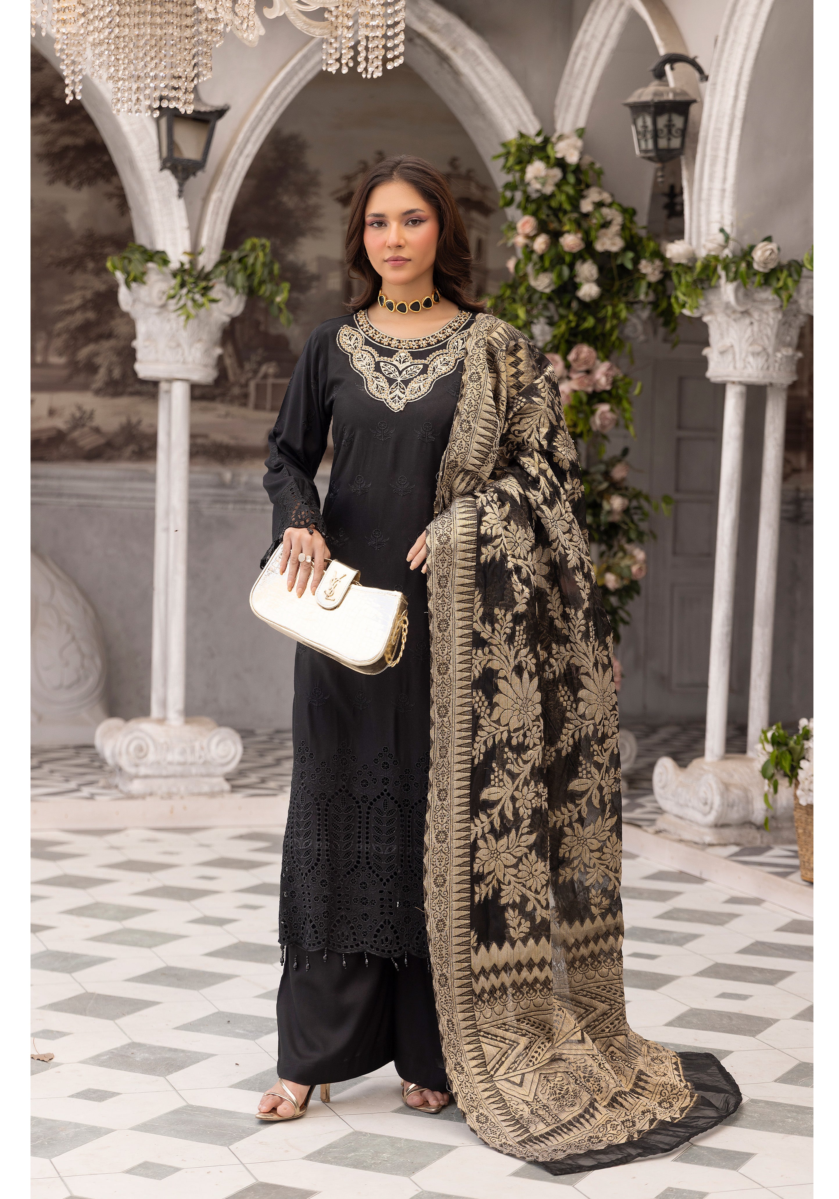 Women’s Black Chikankari Embroidered Suit with Handwork Neckline