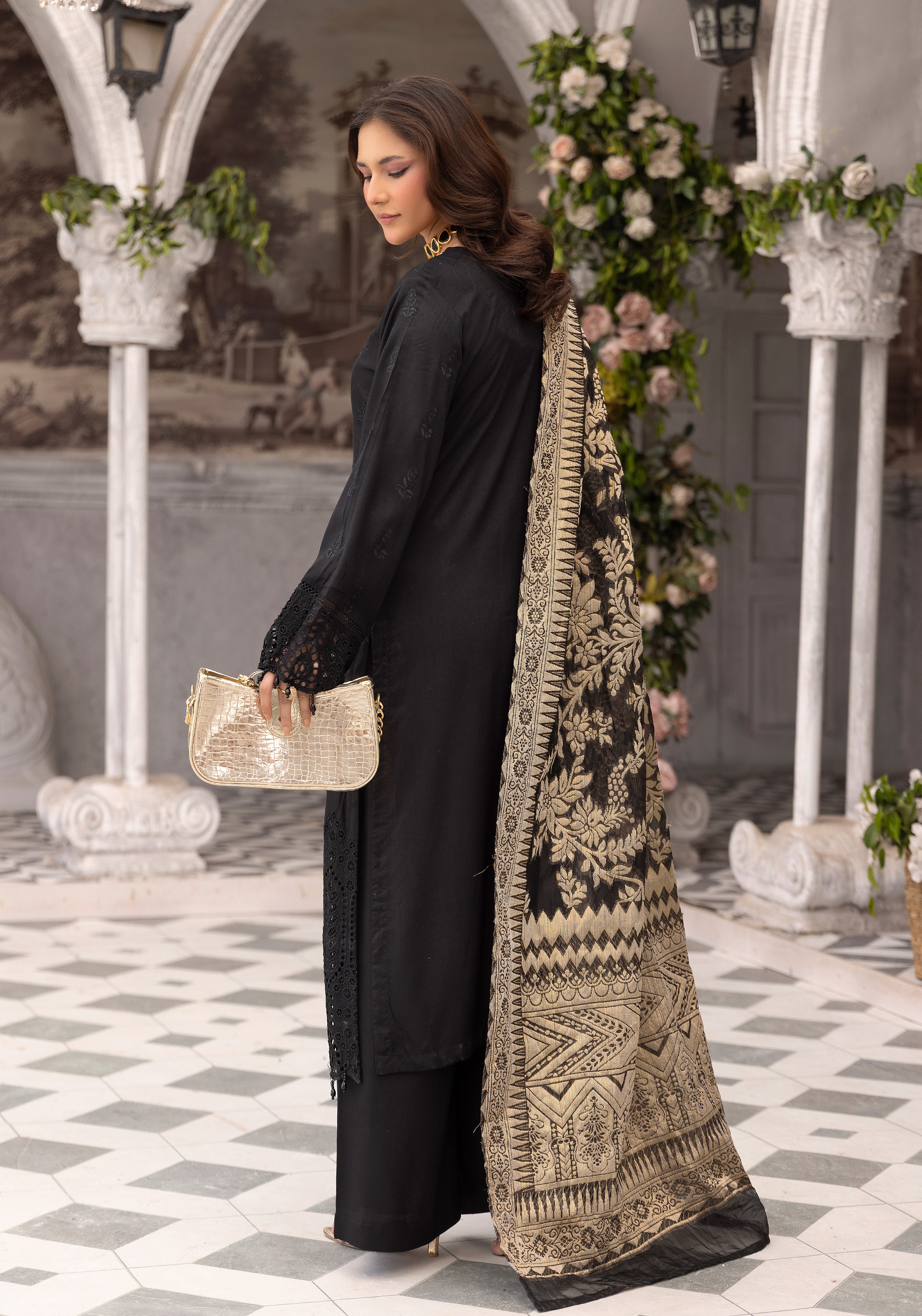 Women’s Black Chikankari Embroidered Suit with Handwork Neckline