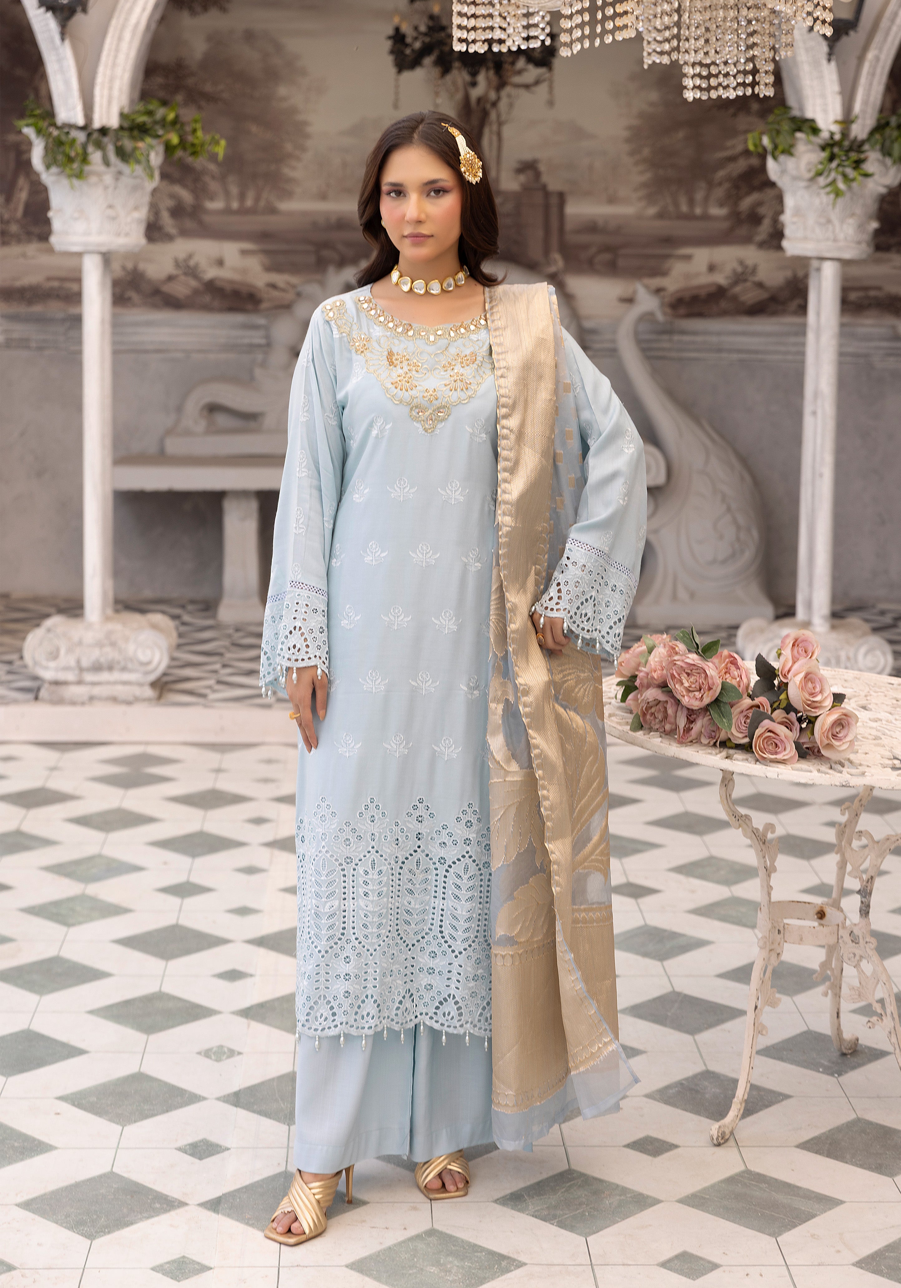 Women’s Light Blue Chikankari Embroidered Suit with Jacquard Dupatta