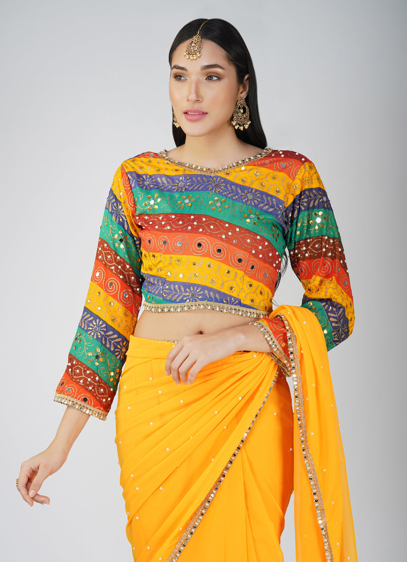 Mustard Georgette Multicolour Blouse Saree Set