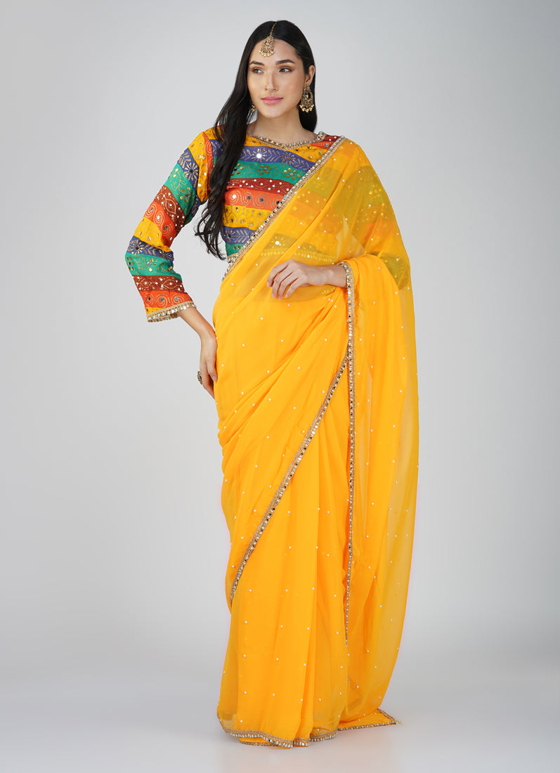 Mustard Georgette Multicolour Blouse Saree Set