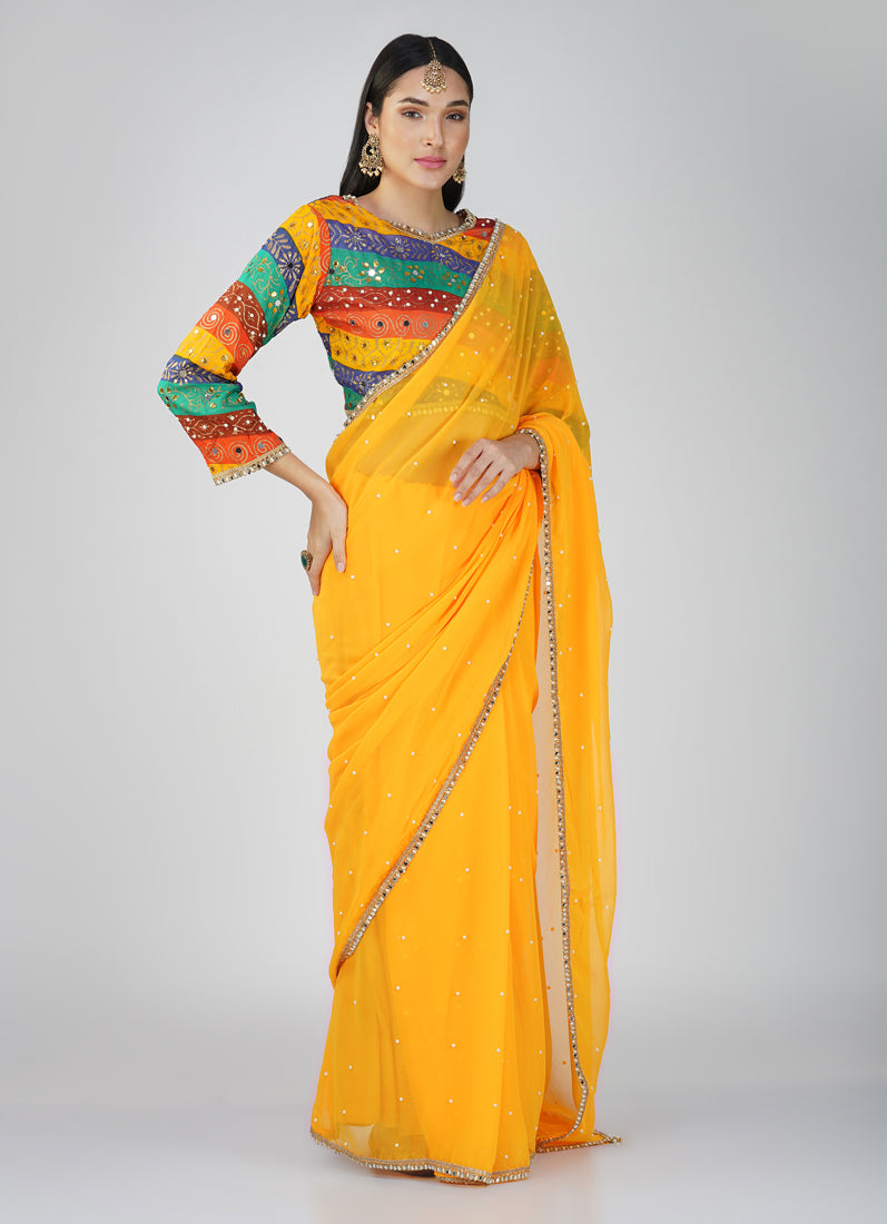 Mustard Georgette Multicolour Blouse Saree Set