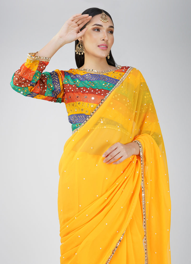 Mustard Georgette Multicolour Blouse Saree Set