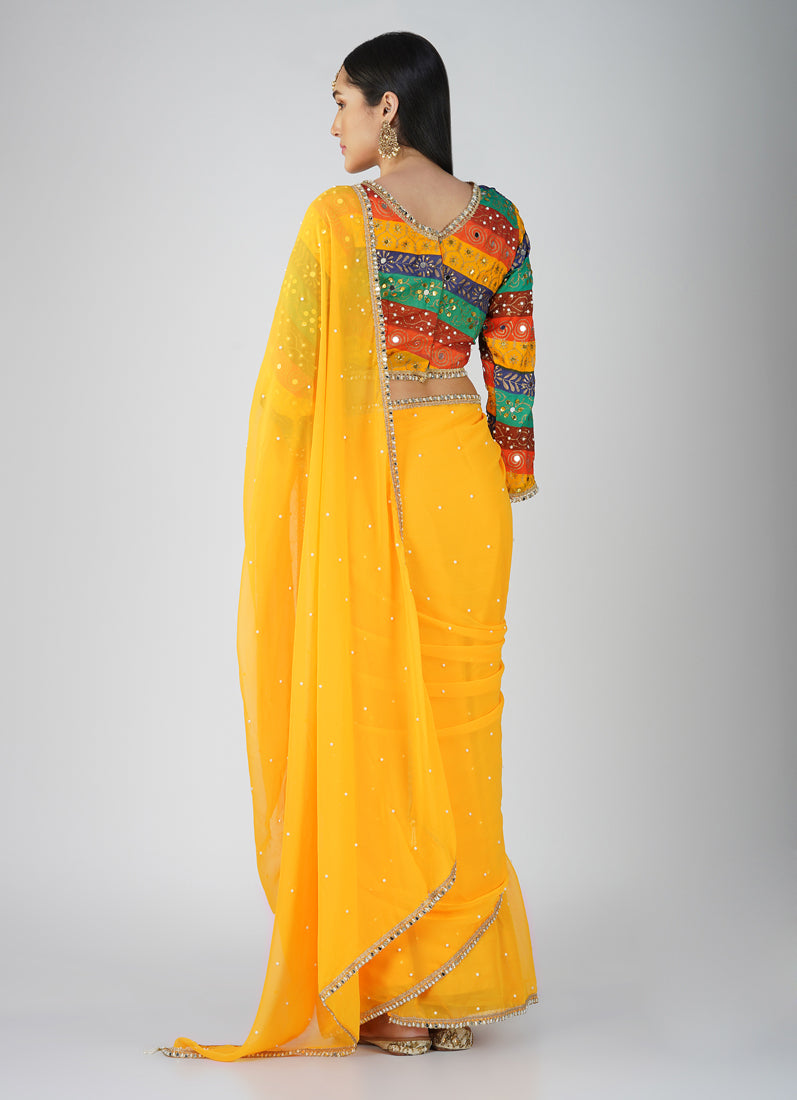 Mustard Georgette Multicolour Blouse Saree Set