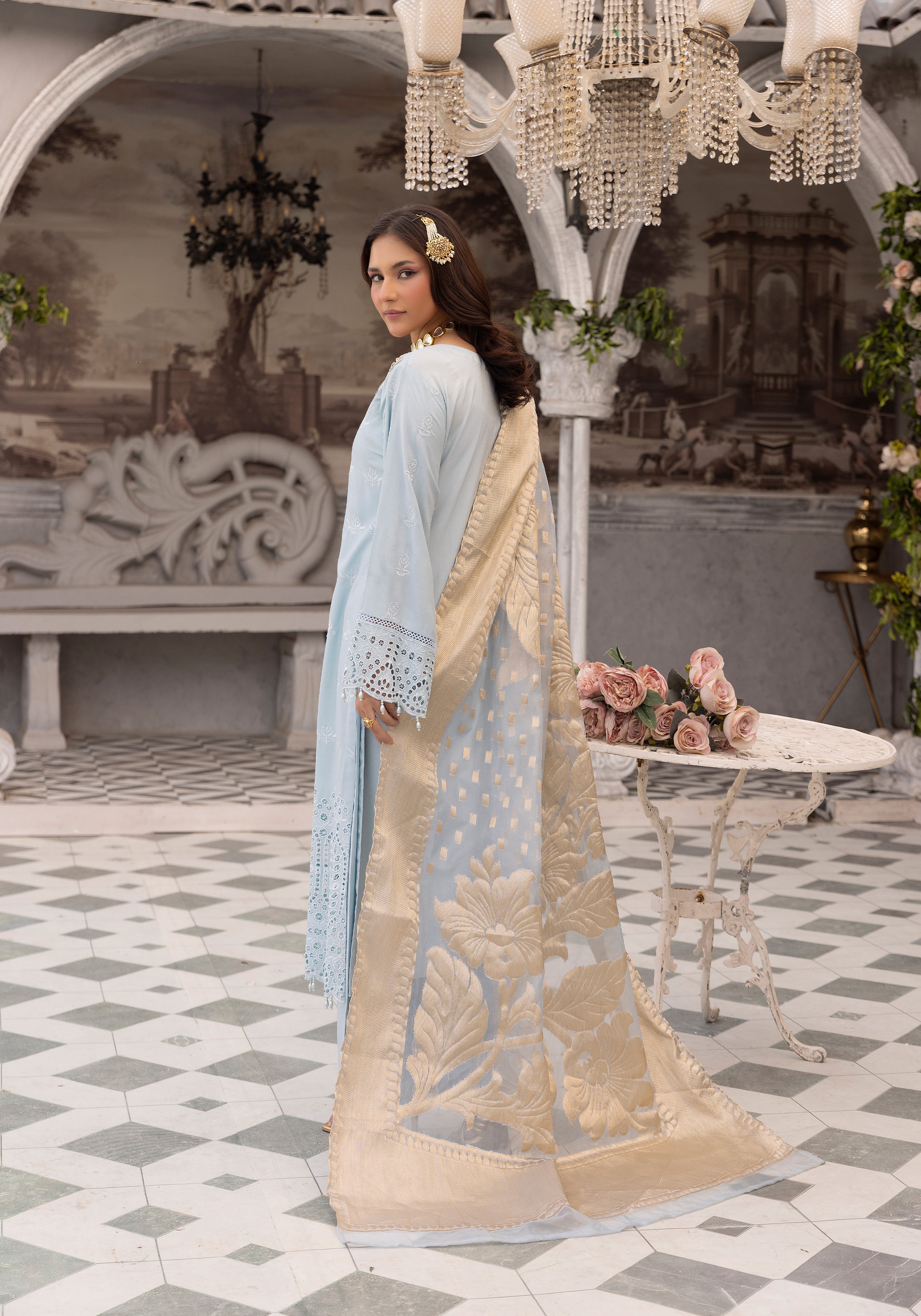 Women’s Light Blue Chikankari Embroidered Suit with Jacquard Dupatta