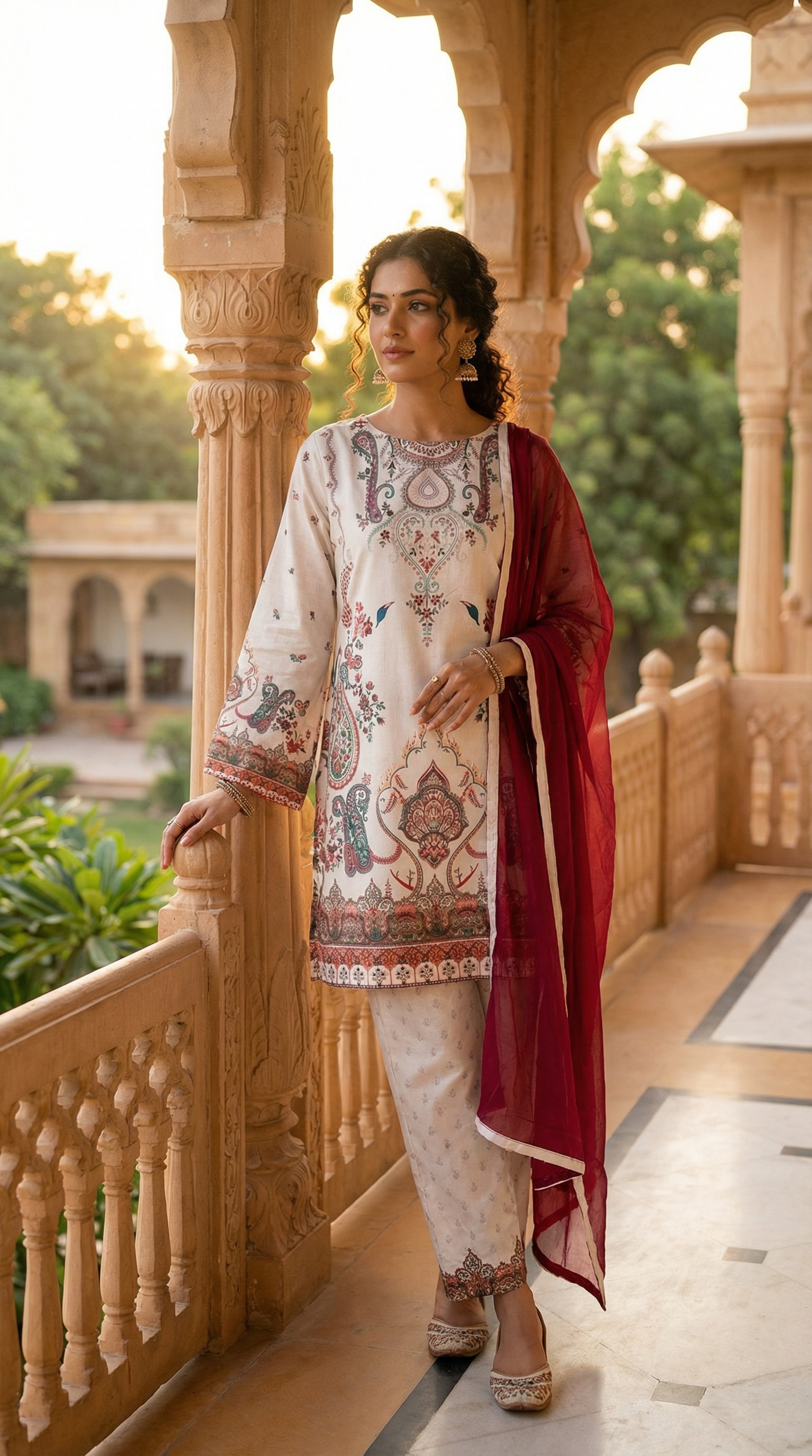 Off White Printed Rayon Suit Set