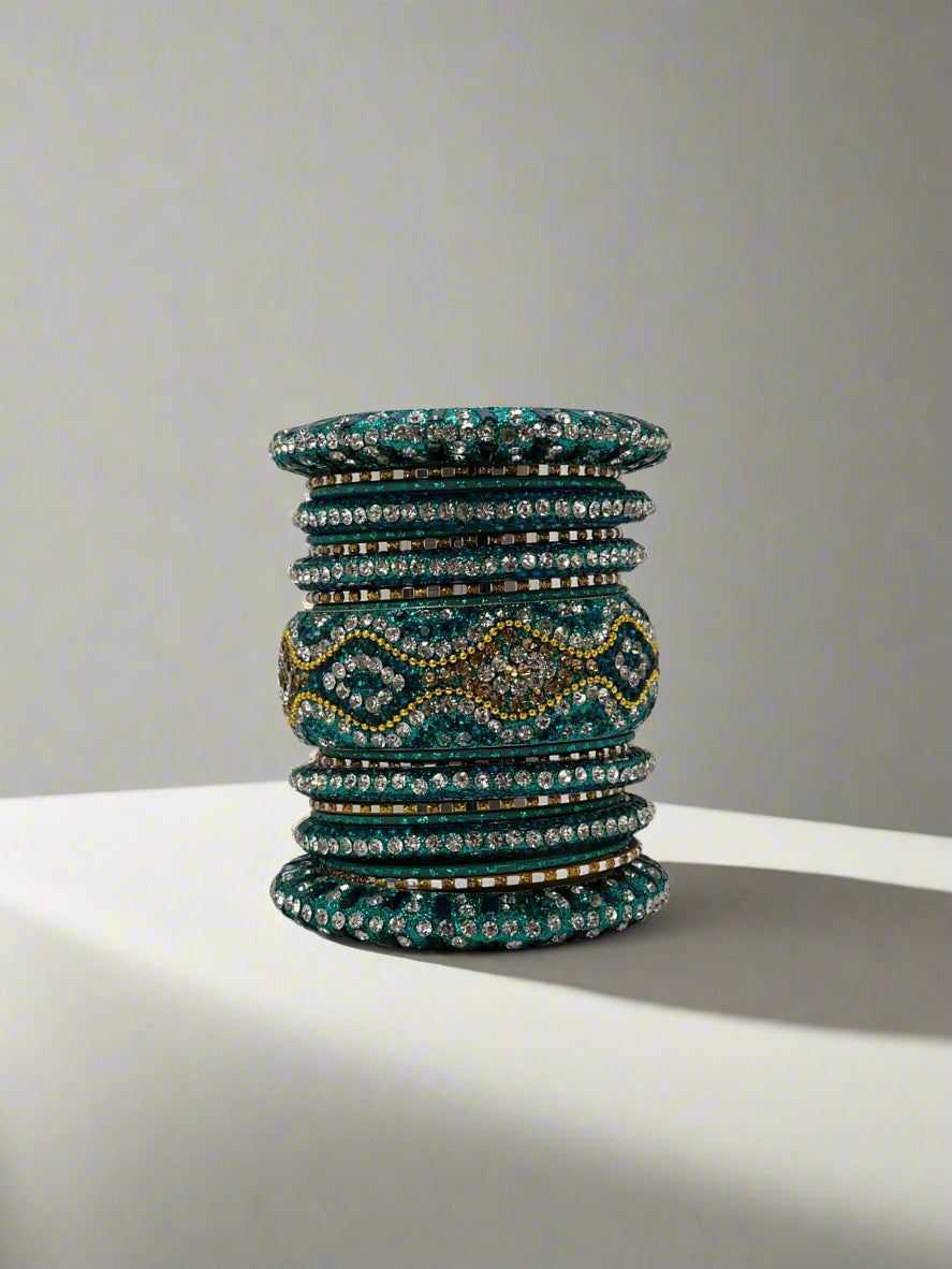 Jade Bridal Diamonte Bangles Set – Gold & Colour Mini Beads Wedding Jewellery