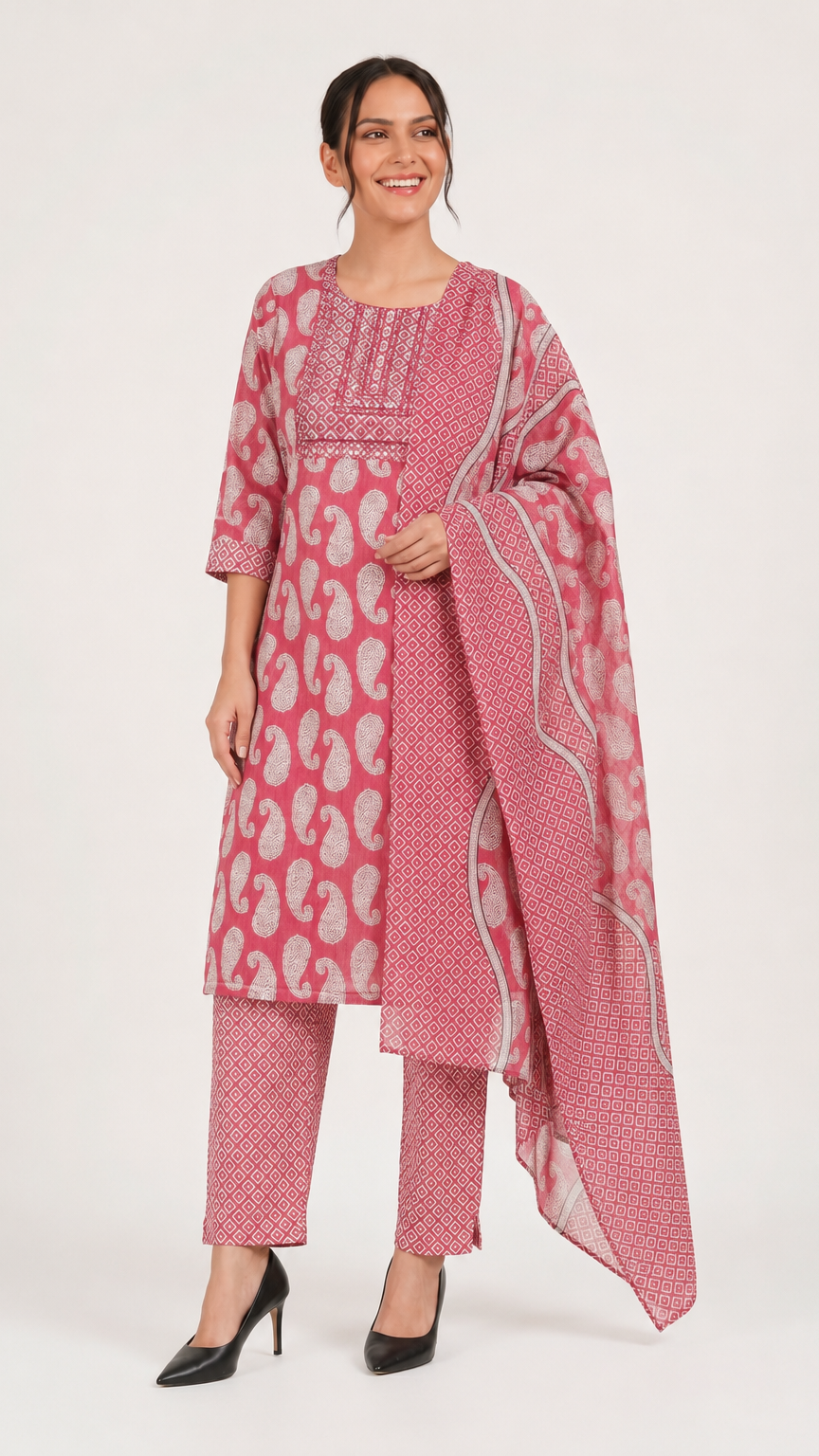 A woman modeling a pink Indian ethnic suit set featuring a printed kurta, matching trousers, and a dupatta, paired with black high heels against a plain light gray background.