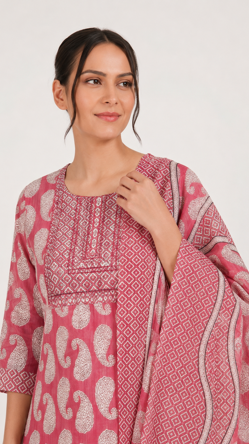 A woman wearing a pink and white printed kurta with a matching patterned dupatta, photographed against a plain light gray studio background.
