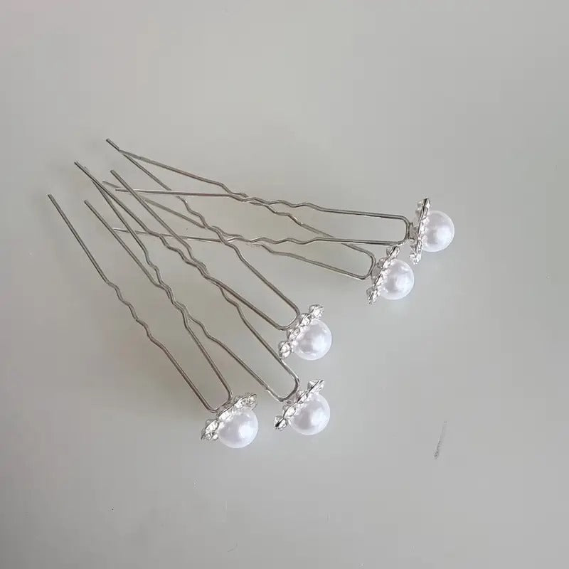 Silver Pearl Diamonte Bun Pins