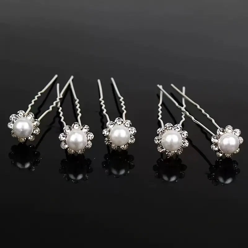 Silver Pearl Diamonte Bun Pins