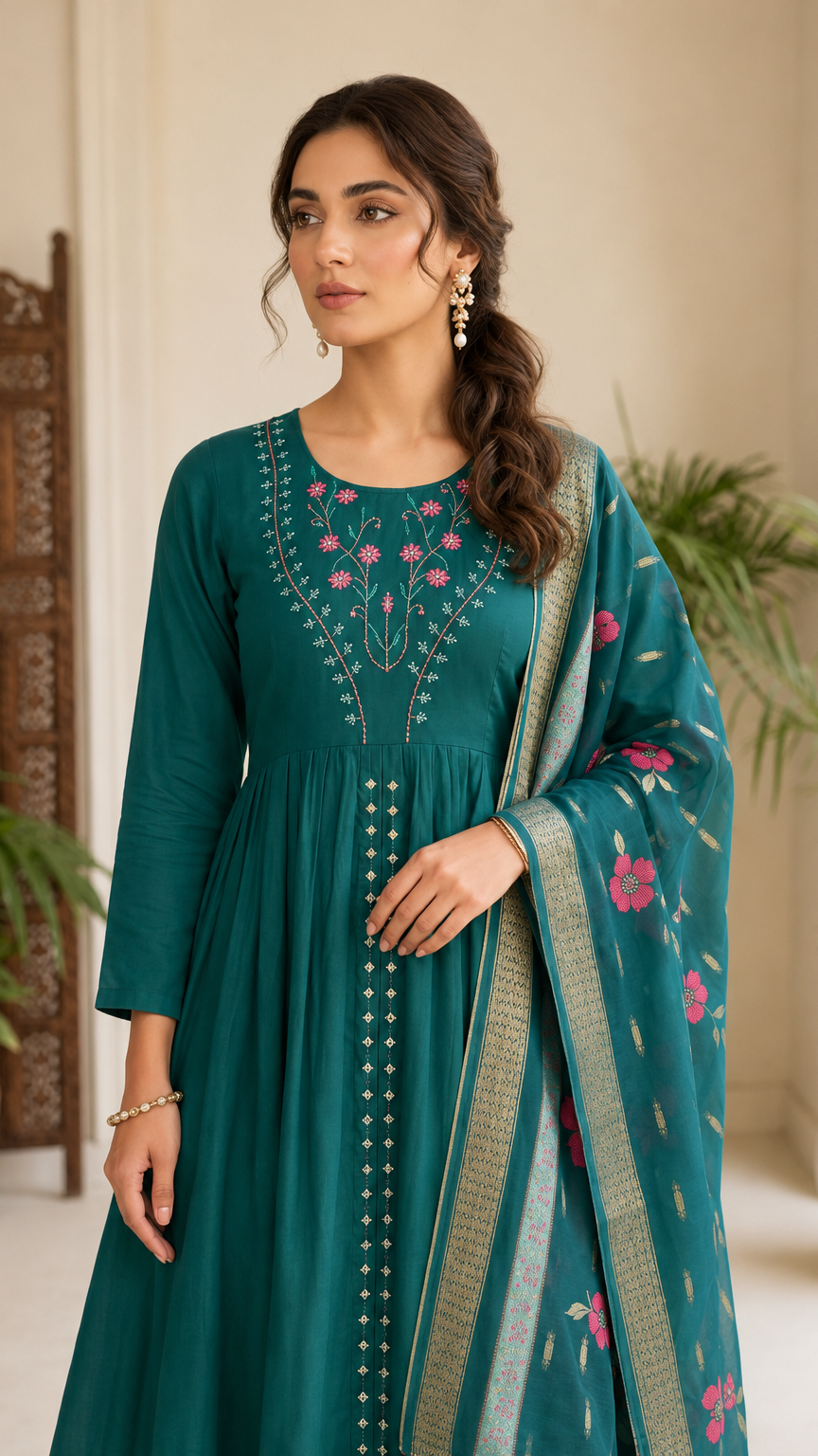 Teal green embroidered Anarkali kurta set with matching trousers and floral dupatta for women’s ethnic wear