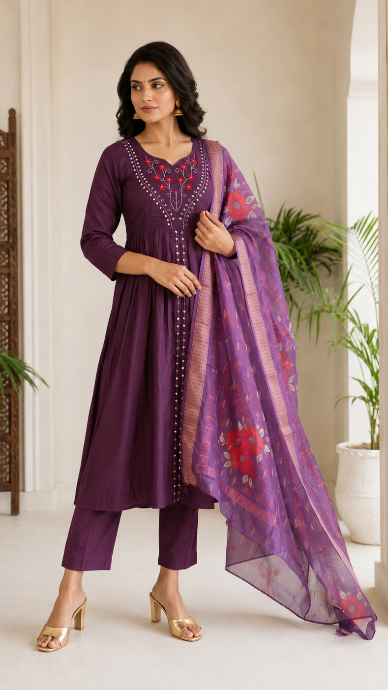 Plum purple embroidered Anarkali kurta set with trousers and floral dupatta for women’s Pakistani Indian ethnic wear