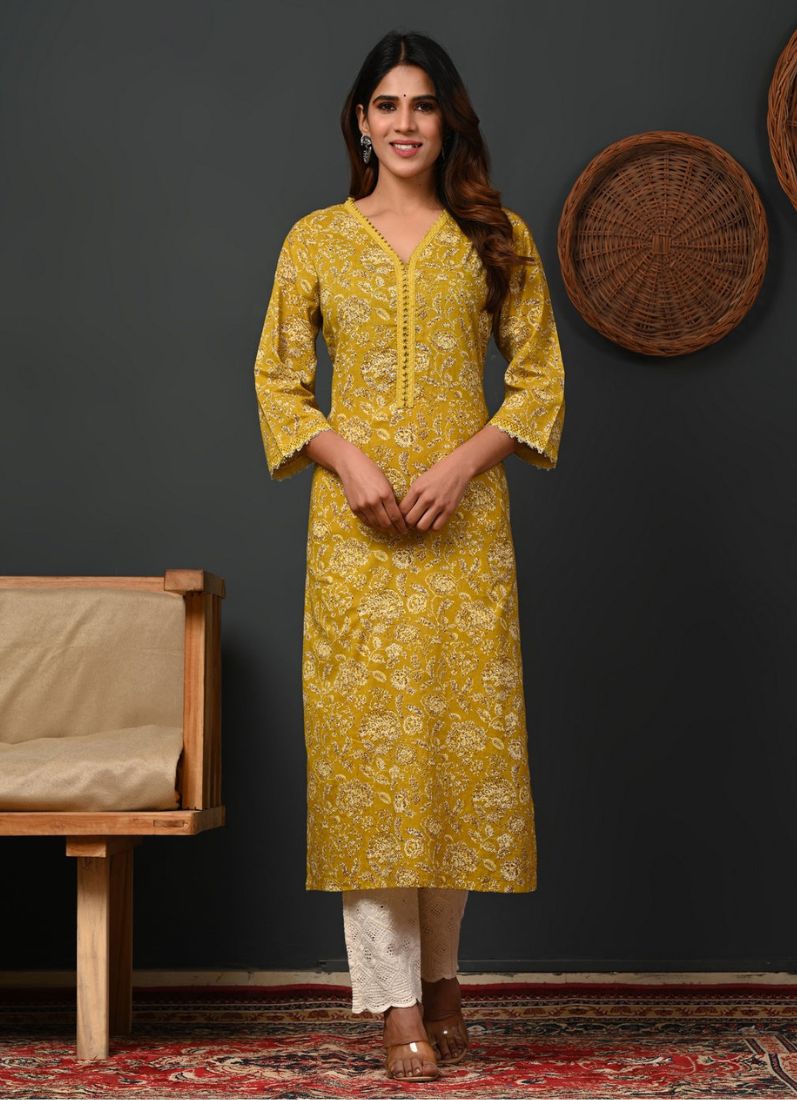 Mustard Printed Cotton Straight Cut Kurti