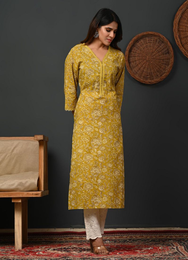 Mustard Printed Cotton Straight Cut Kurti