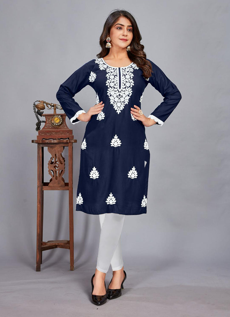 Navy Blue Thread Work Kurti Top